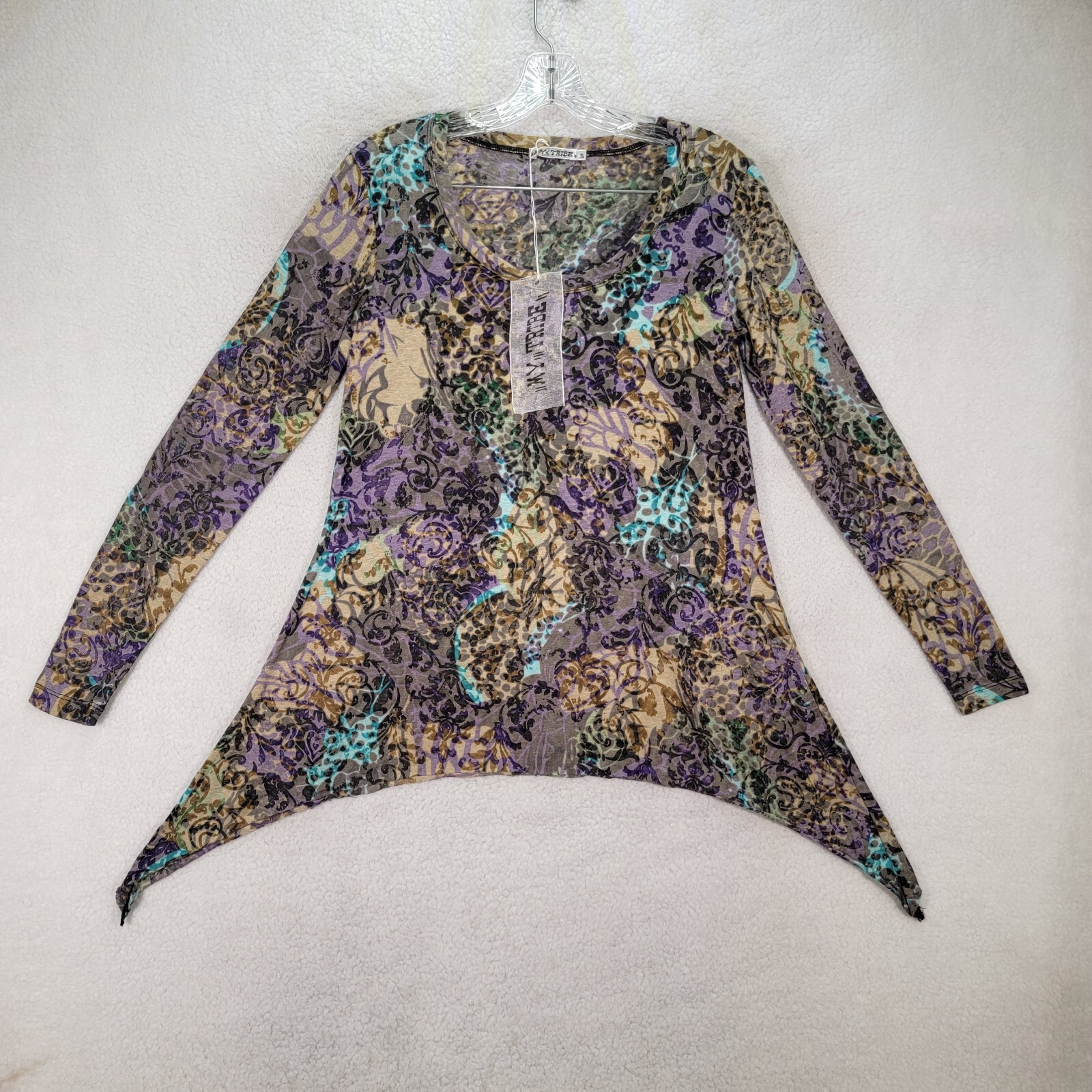 NEW My Tribe Womens Top Size S Purple Floral Watercolor Sheer Boho Tunic Blouse