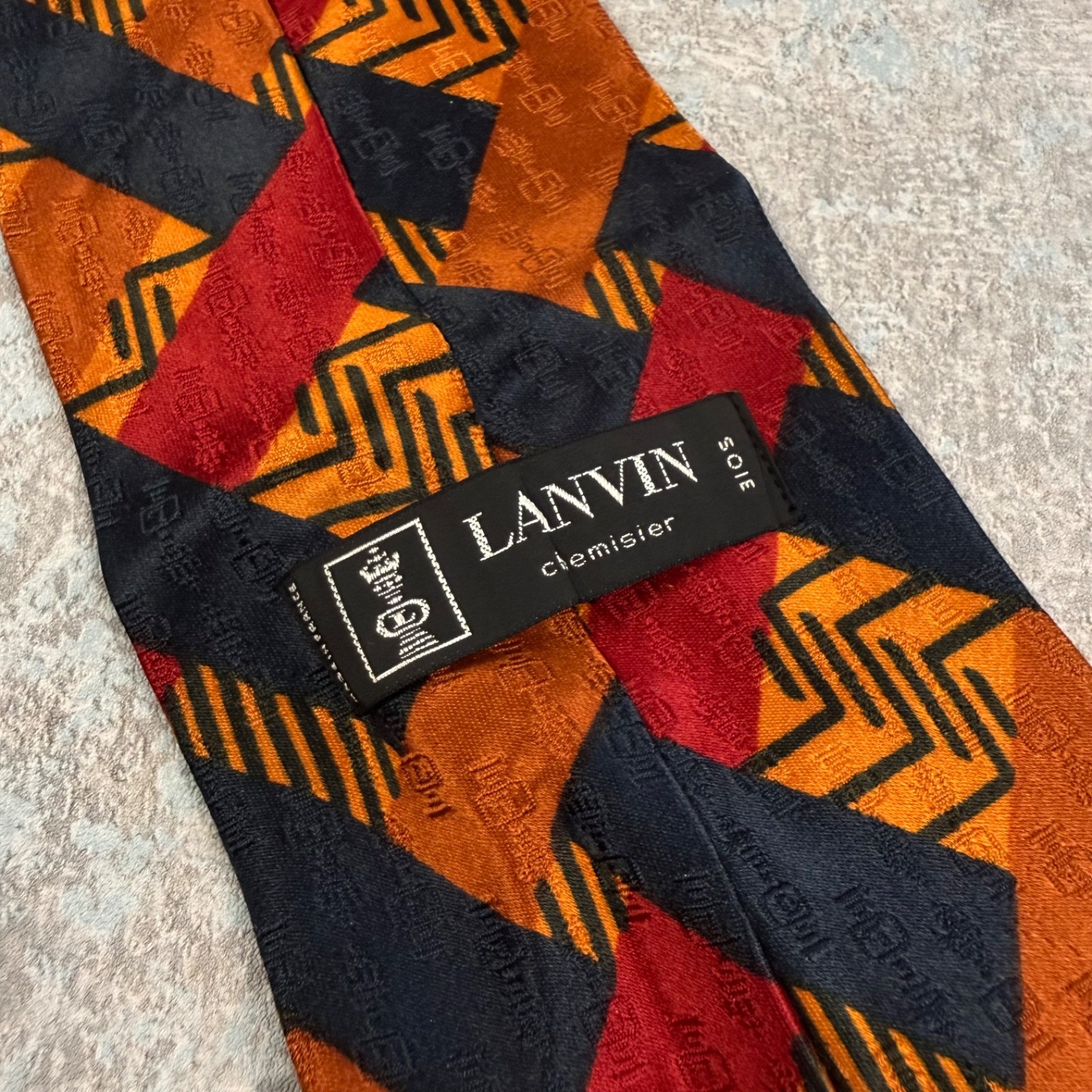LANVIN Paris Silk Tie Brown Red Black Basketweave Chevron Geometric Necktie