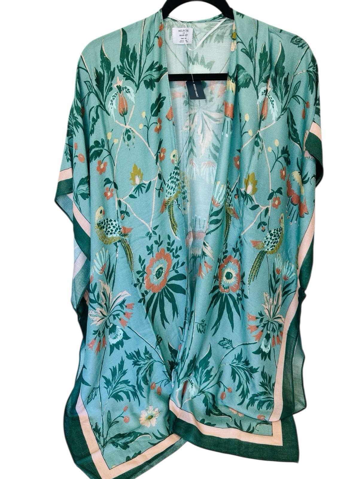 Melrose & Market Ruana One Size Dusty Blue/Green Flora Birds Open Front NWT
