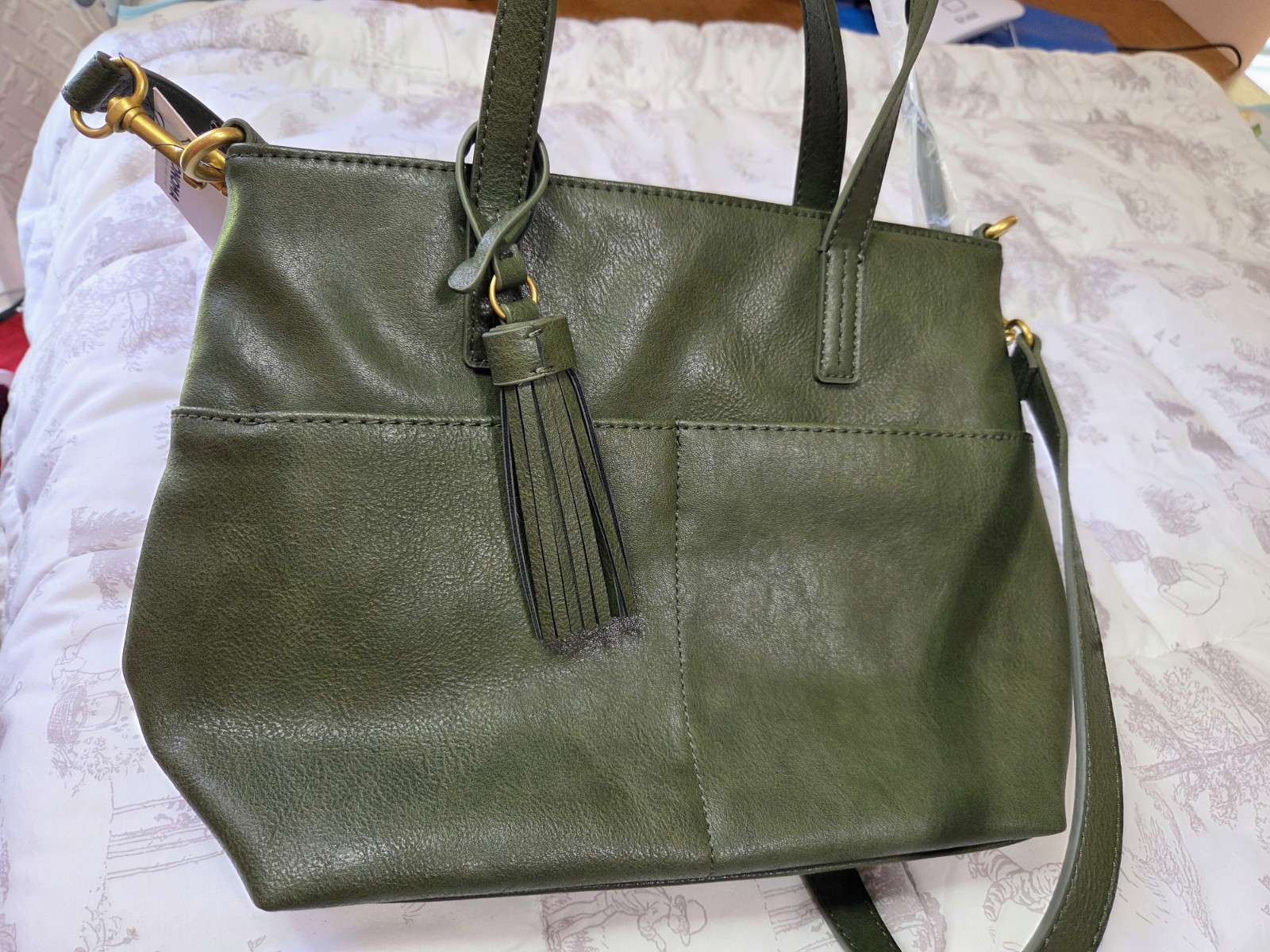 Sonoma Goods For Life Olive Green Mini Tote Zip Inner Pockets Detachable Strap