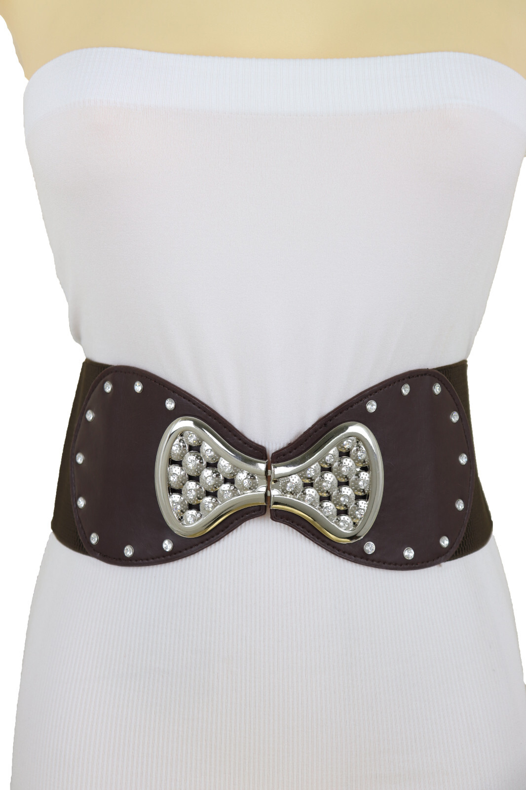 Women Dark Brown Tone Wide Elastic Belt Bling Silver Ribbon Bow Tie Buckle S M