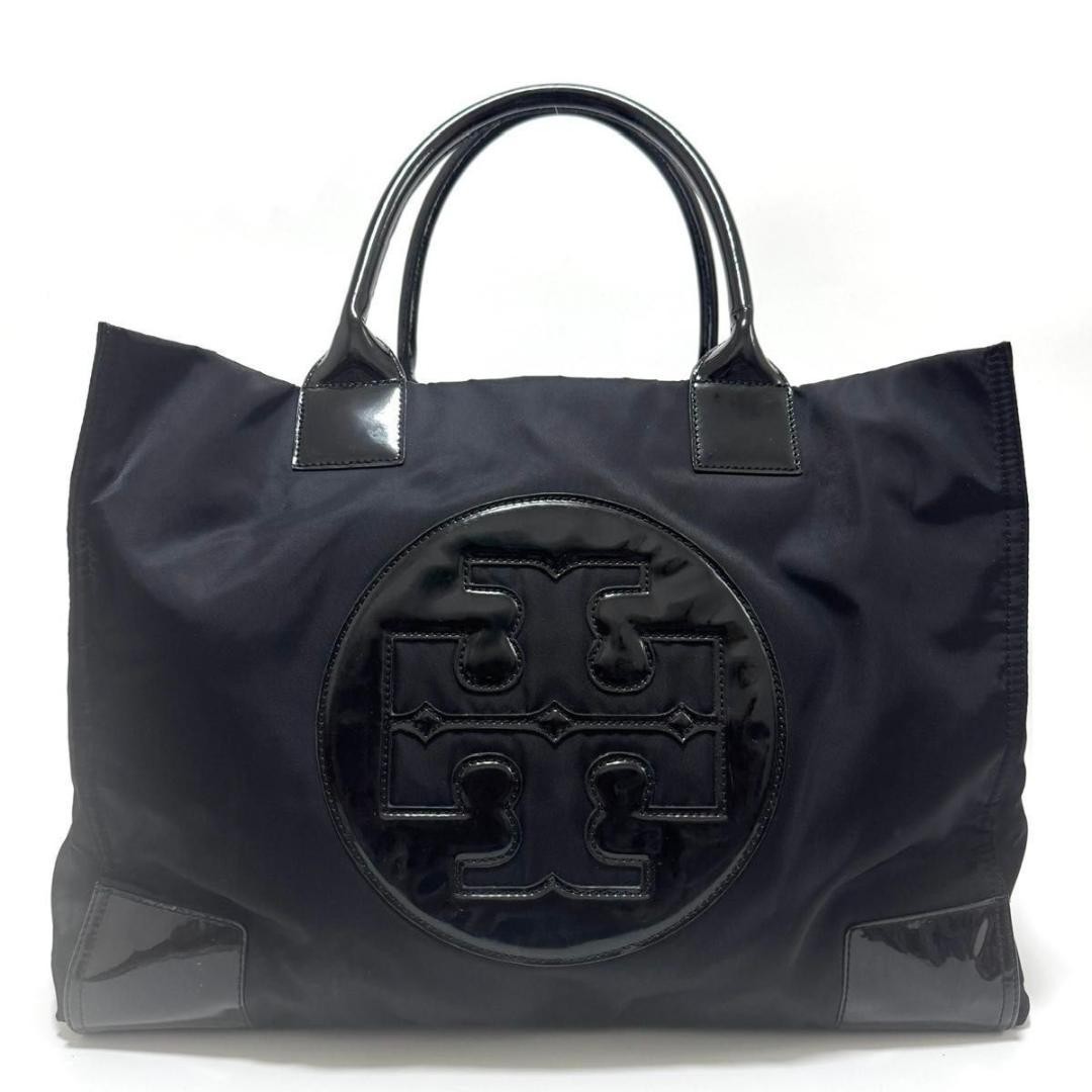 Tory Burch Ella Tote Bag Handbag Black Nylon Patent