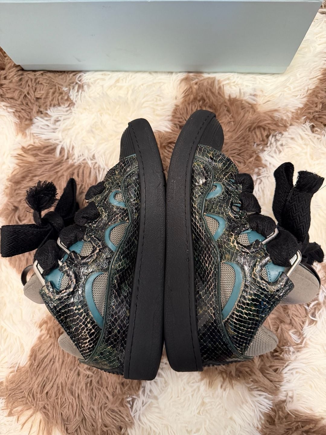 Lanvin Curb Snake-Embossed Leather Sneakers in Green and Black