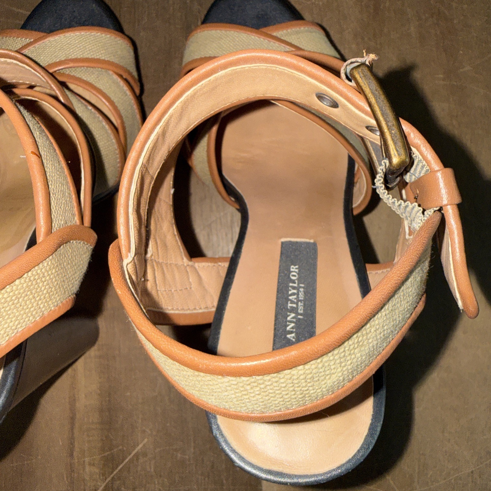 Ann Taylor Strappy Platform High Heel Sandals 7M Tan Safari Canvas Cone 5″ Heel