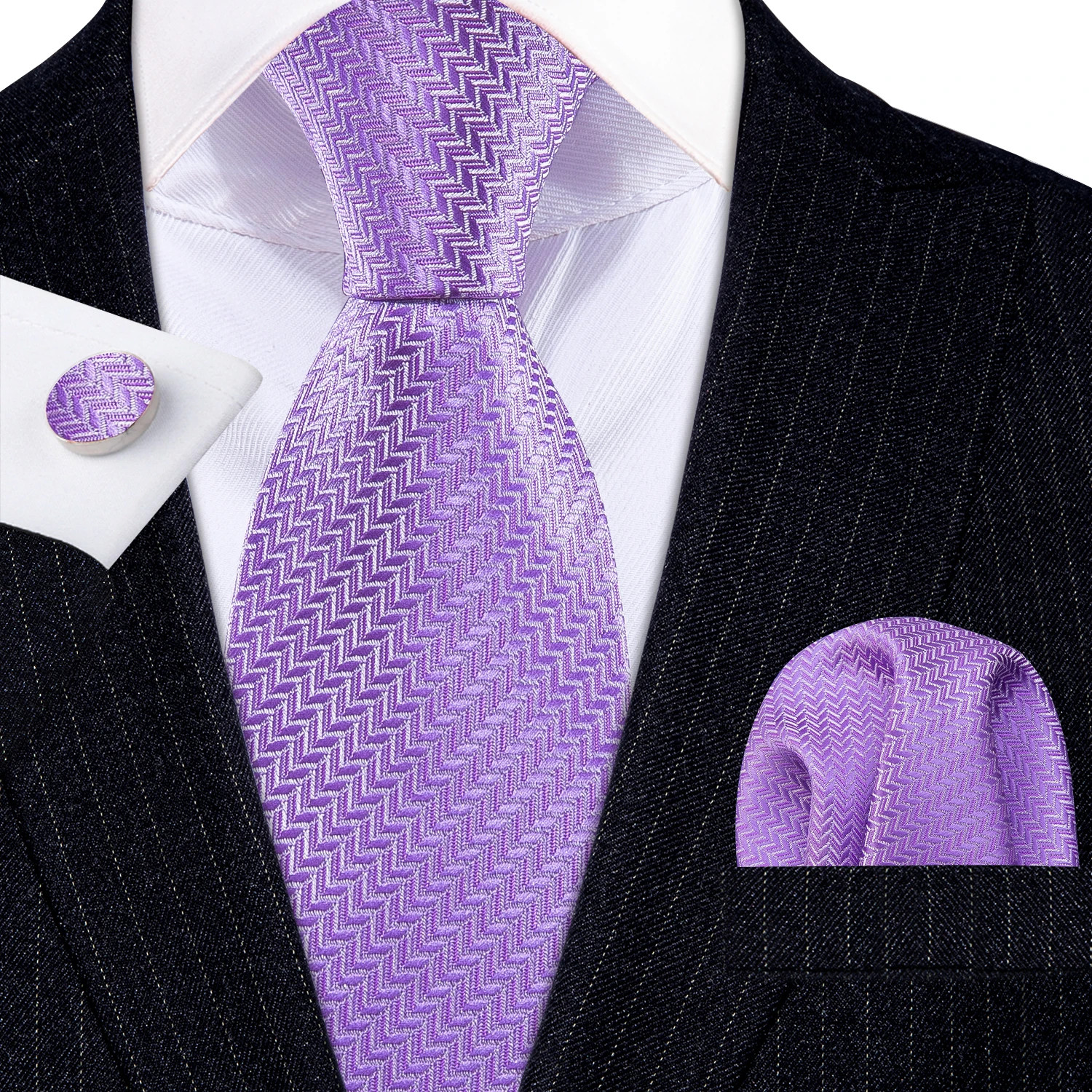 Silk Jacquard Tie Set Floral Violet Necktie Hanky Cufflinks Wedding Men’s Ties