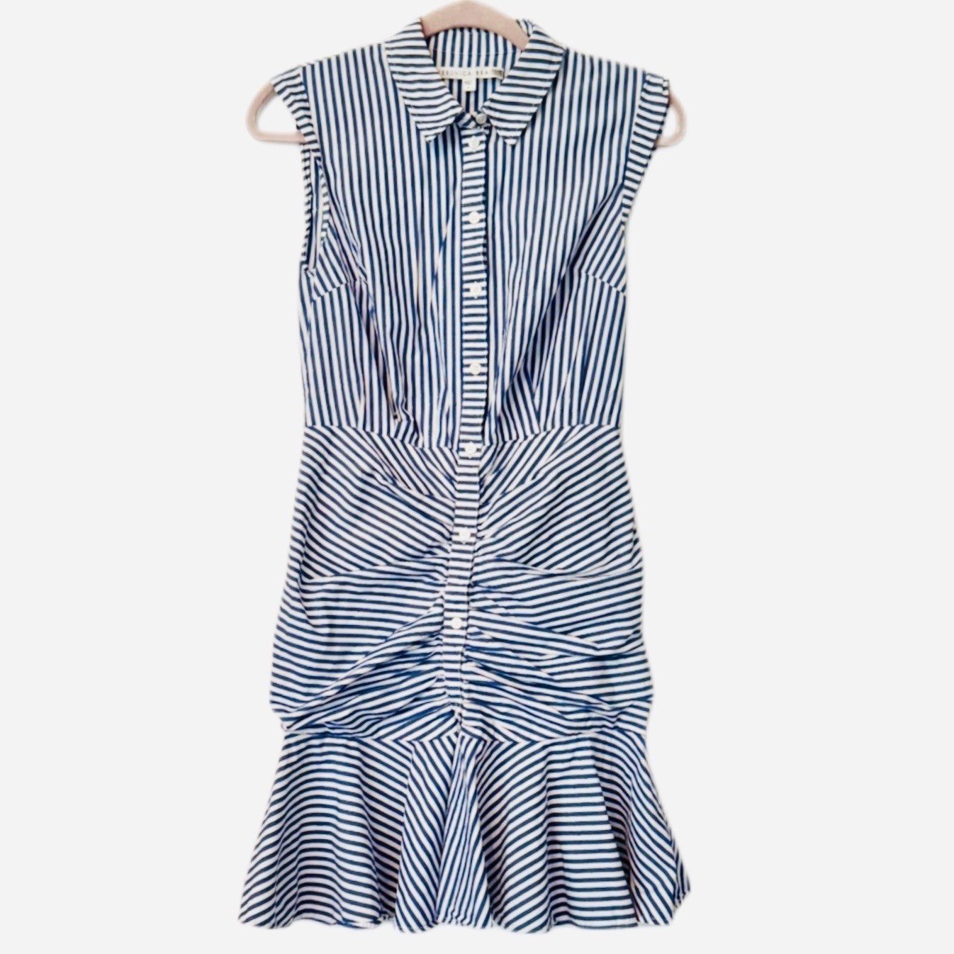 Veronica Beard Bell Button-down Ruched Blue White Sleeveless Shirt Dress Size 4