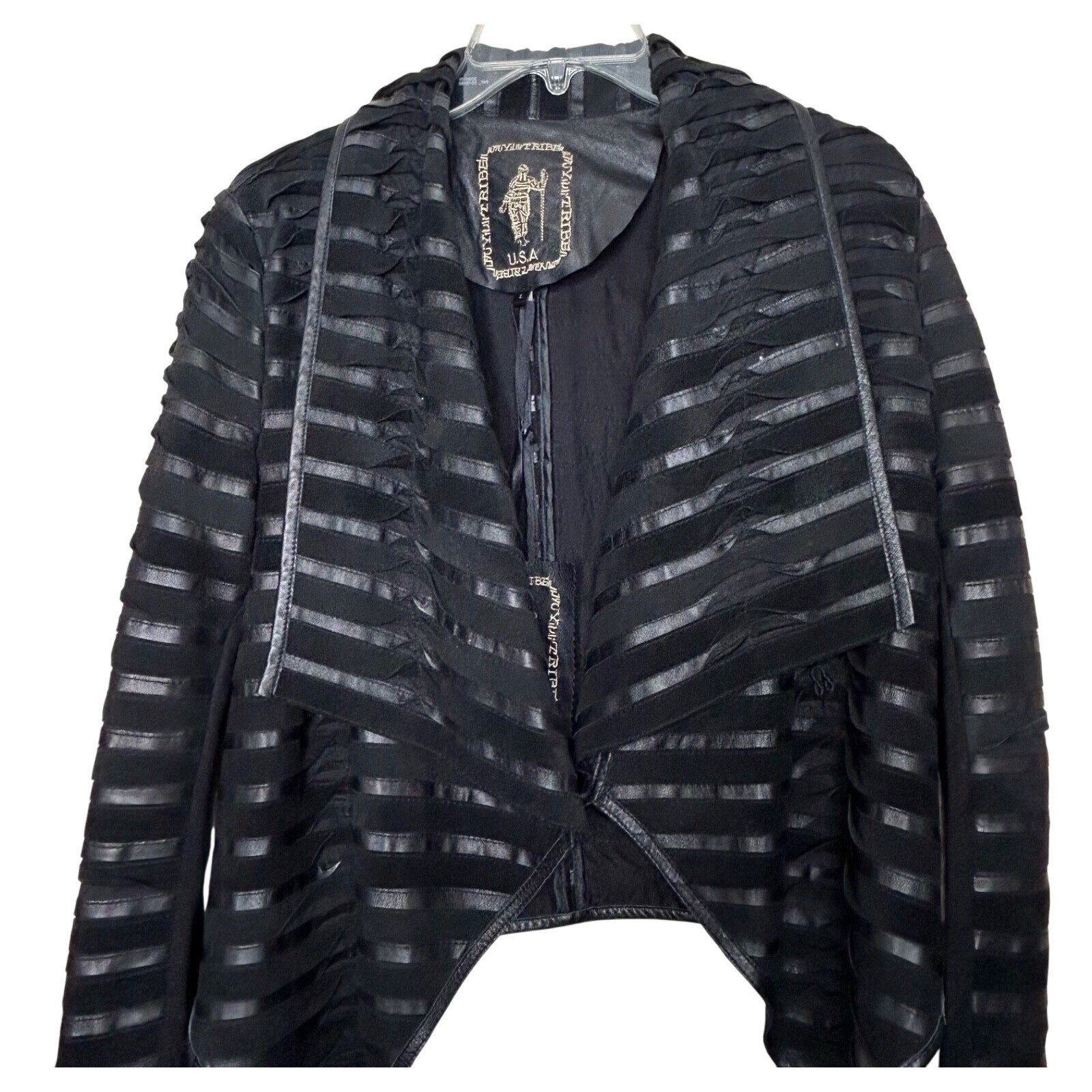 My Tribe USA Women’s Leather Jacket Large Wrap Black Distressed Ripped Look New