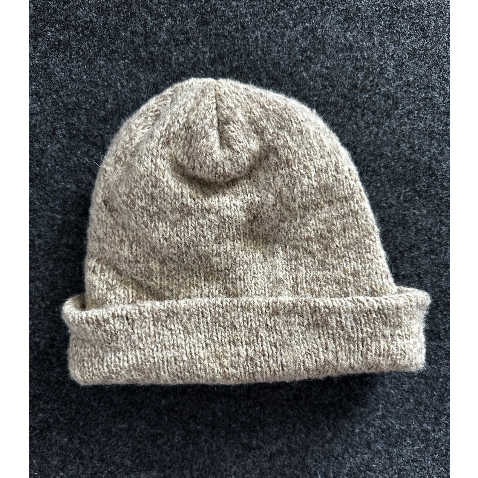 Lands End Wool Blend Knit Beanie Hat Made in USA Tan Beige Cuffed Watch Cap VTG
