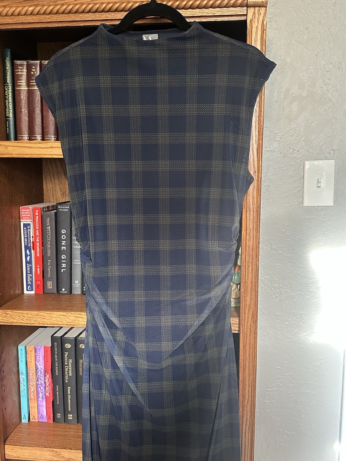 Worthington Women’s L Blue Gray Plaid Midi Dress Boat Neck Cap Sleeve