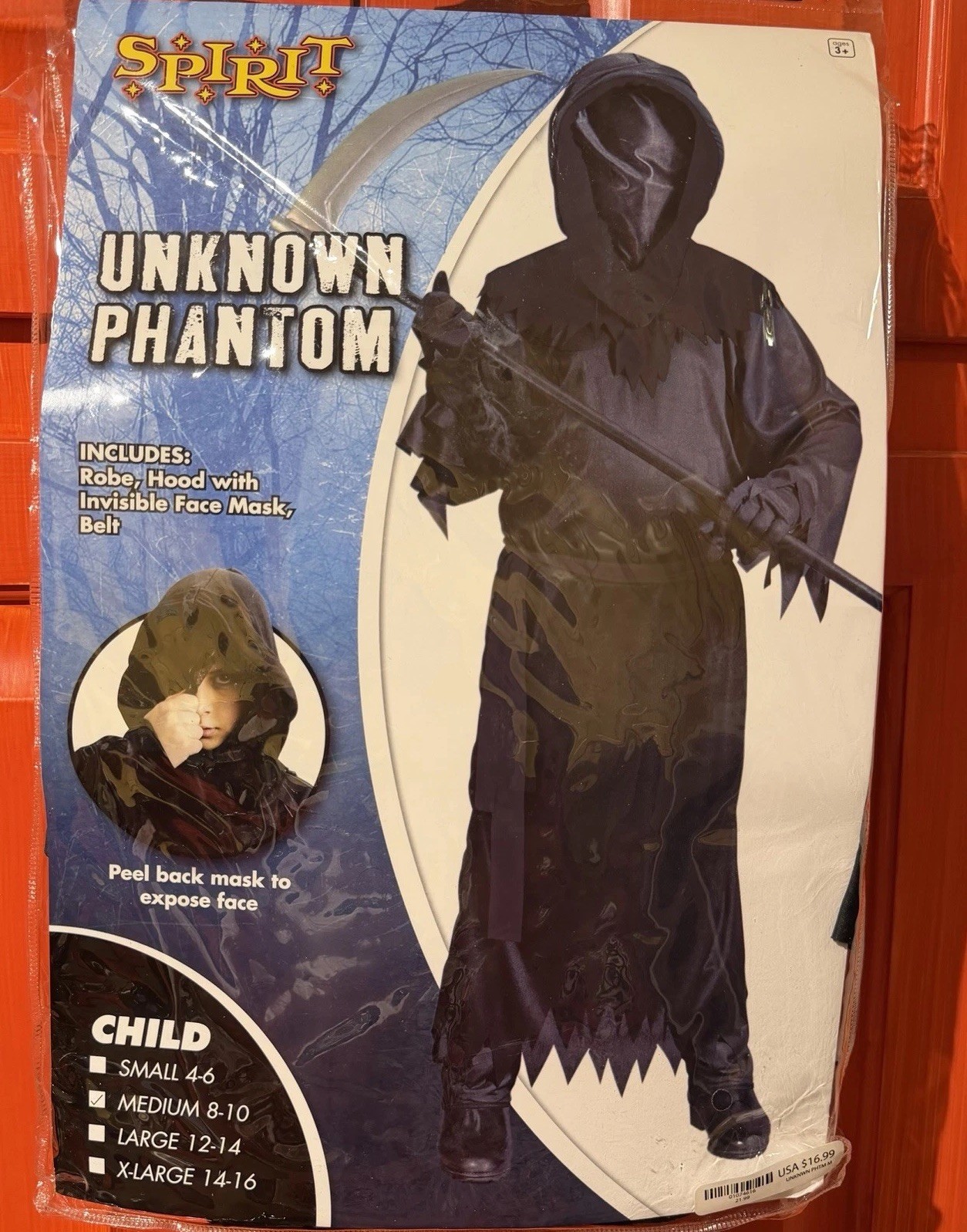 Spirit Kids Costume Unknown Phantom Black Invisible Mask, Robe, Belt Medium 8-10