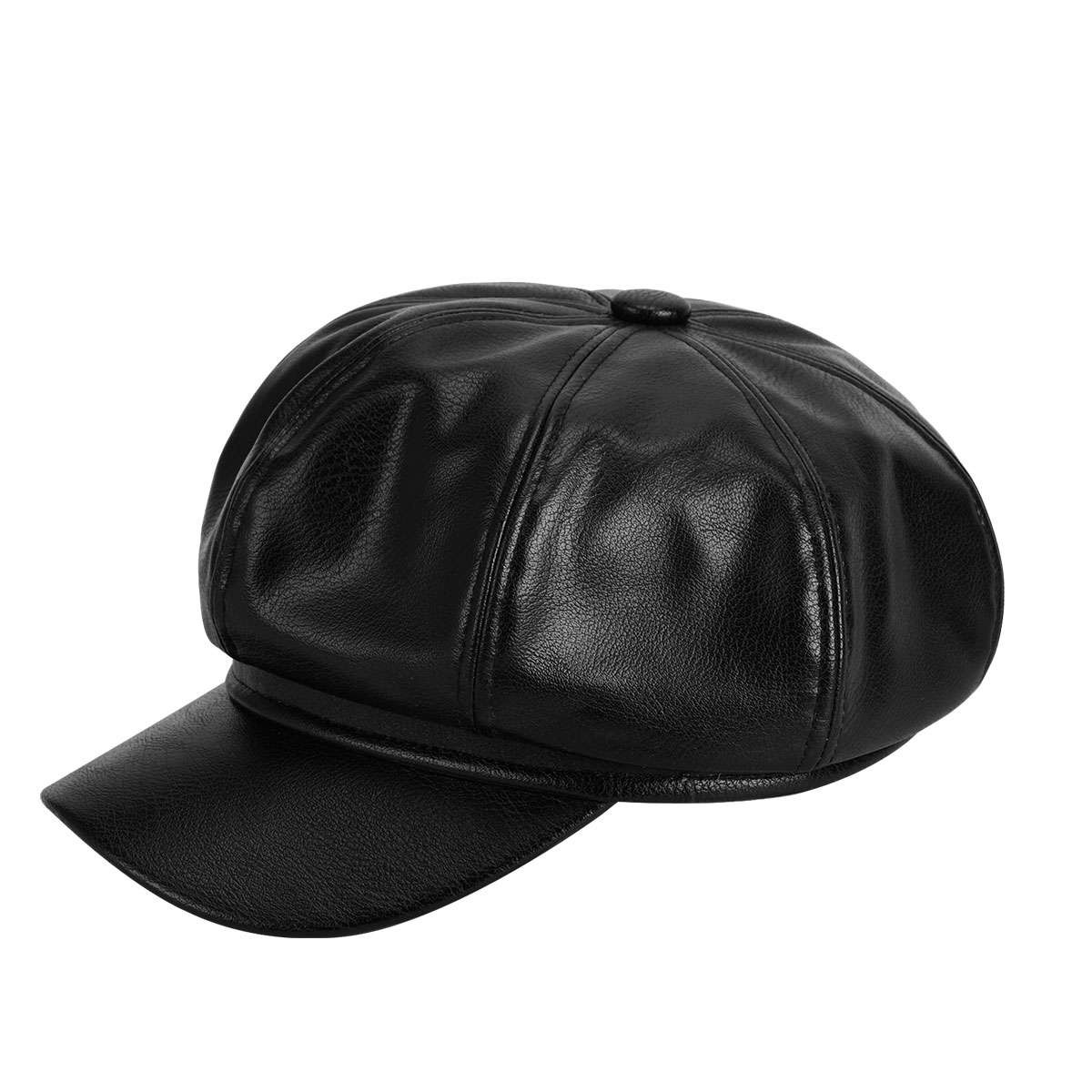 PU Leather Newsboy Cap, Vintage Baker Boy Peaked Beret Hat for Men Women US