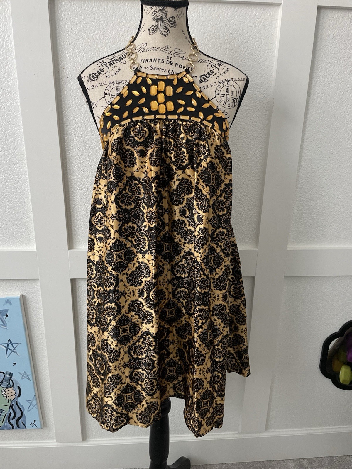 Vintage Arden B Sleeveless Halter Beaded Gold Tone Chain Flowy Dress Size XS