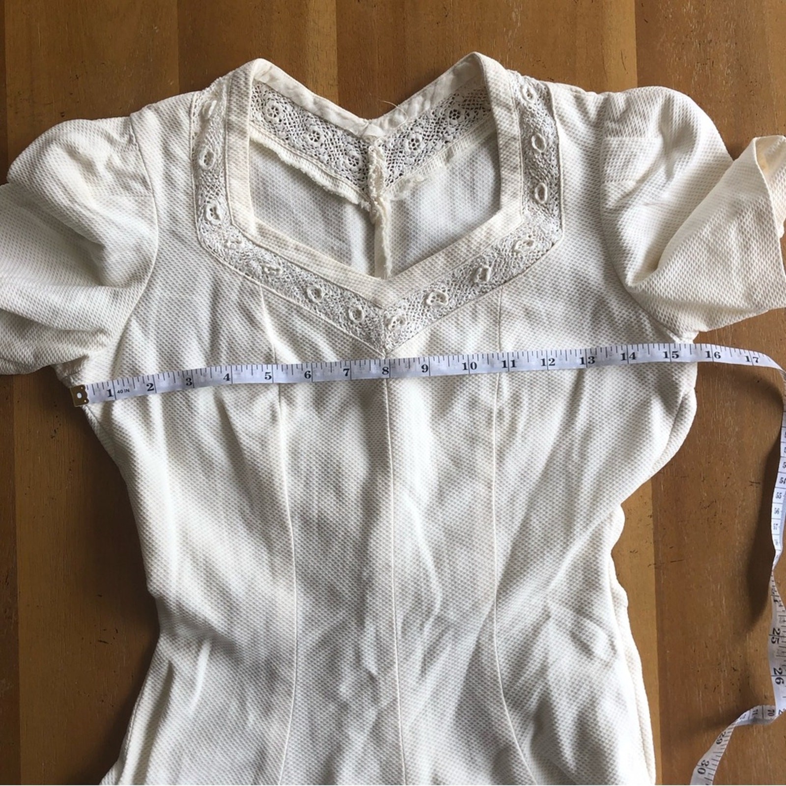 Vintage 60s Cream Lace Crochet Minidress Tie Waist Fit and Flare Pleated V-Neck