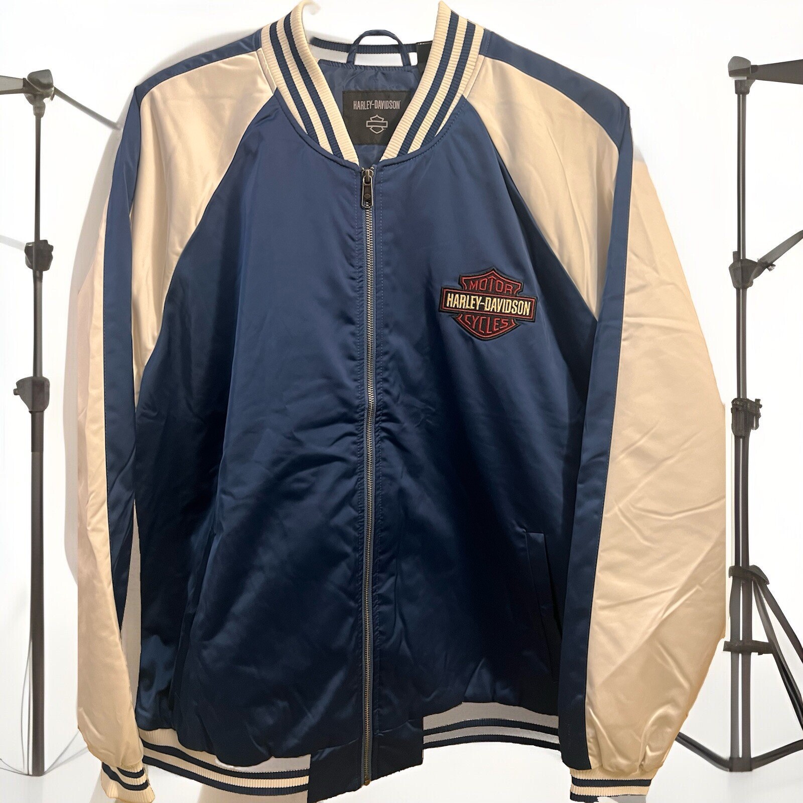 HARLEY DAVIDSON HD WOVEN SATIN VARSITY LETTERMAN NYLON ZIP JACKET BOMBER Sz 2XL