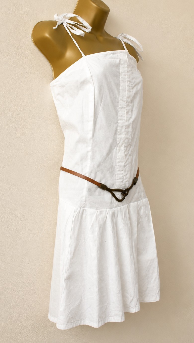White Cotton Drop Waist Sundress UK 12 Tie Strap Summer Holiday Mini