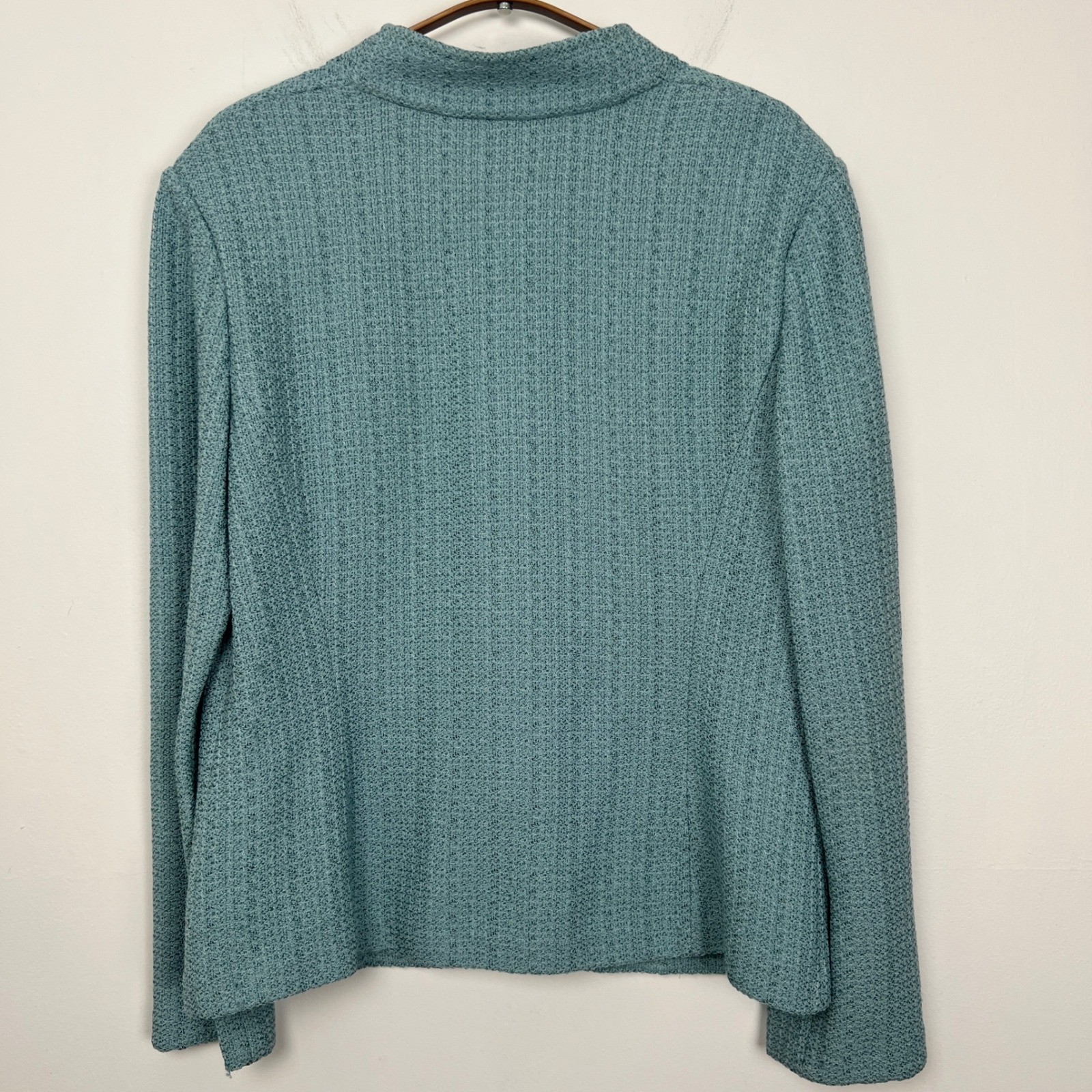 St. John Aqua Teal Blue Textured Knit Blazer Shell Jacket Size 14 USA V-Neck