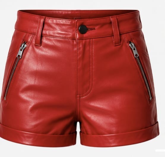 Women s Genuine Red Lambskin Leather Shorts High Waist Zip Pocket Sexy Pants