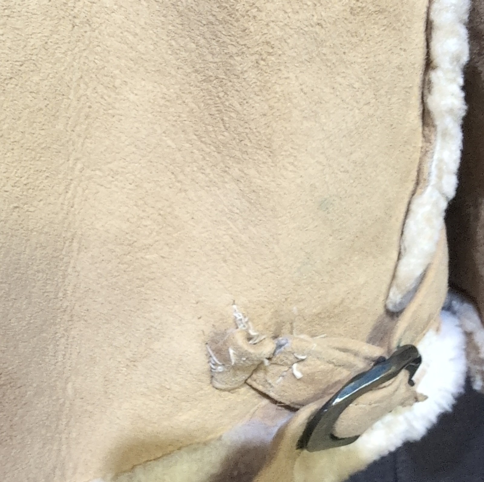 Saks Fifth Avenue Shearling Suede Jacket Fur Trim Buckle Beige Long Sleeve 42