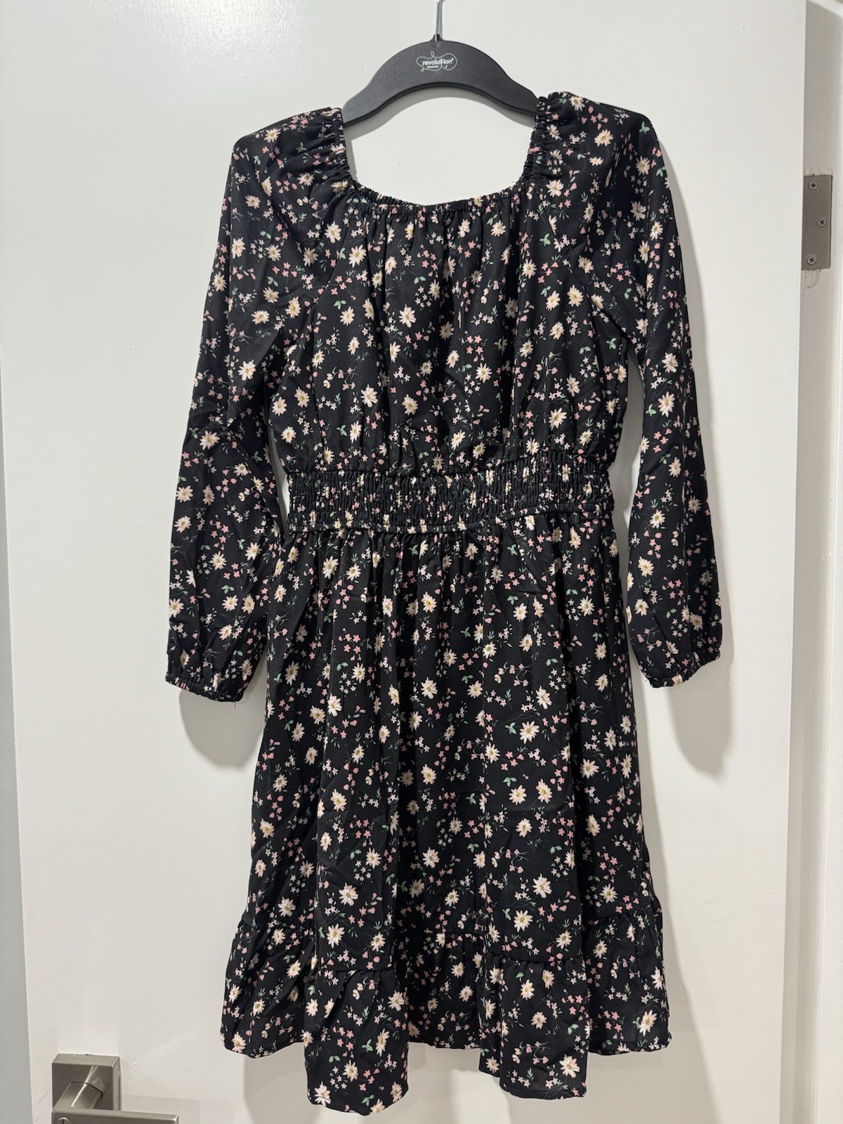 Grace Karin Girls Black Floral Long Sleeve A-Line Square Neck Knee Dress 7-12Y