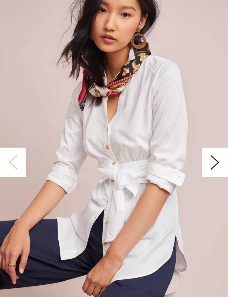Anthropology Maeve White Tie Waist Button Down Top