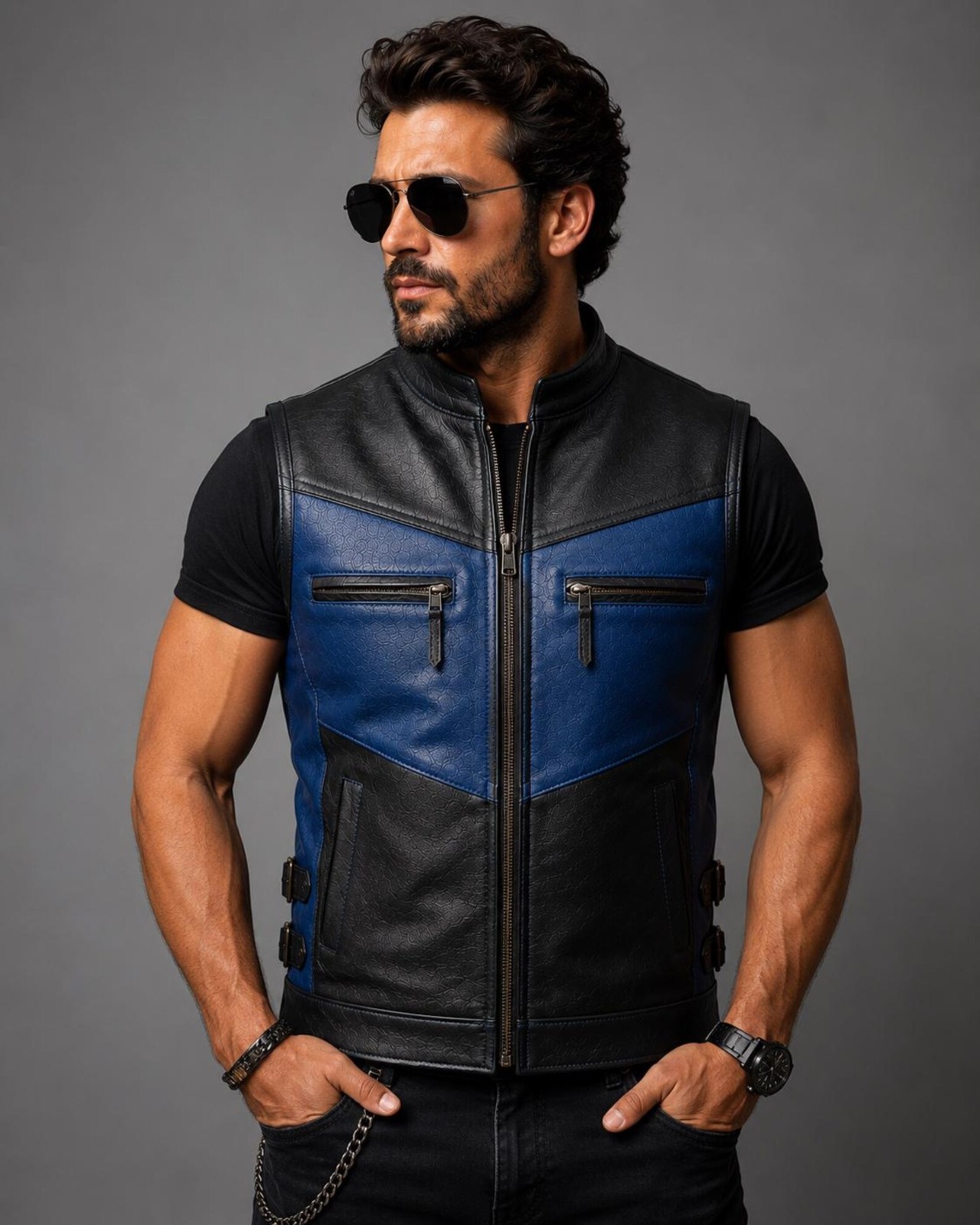 Men’s Blue and Black Leather Motorcycle Vest – Premium Motorcycle Vest