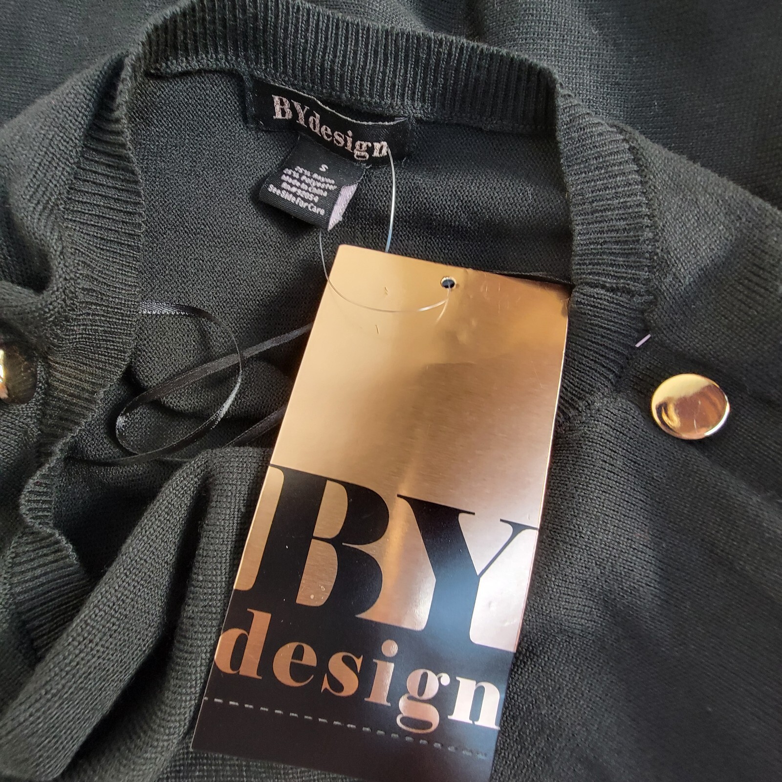 BY Design Womens Knit Sweater Small Black Ruched Sleeves with Button Accent New
