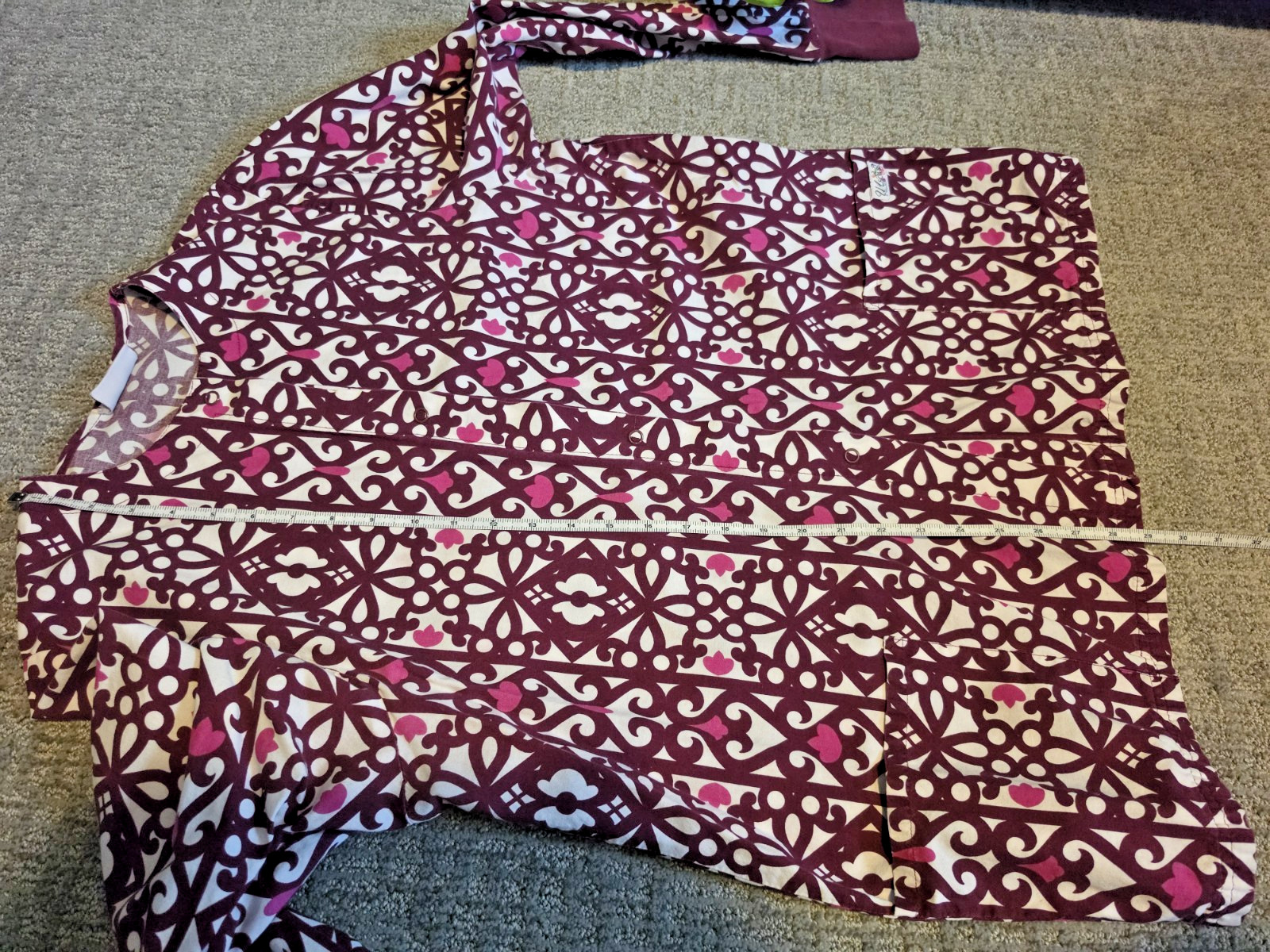 Maroon & Pink Damask Snap-Front Warm-Up Scrub Jacket: NURSING/ VET/ HEALTHCARE