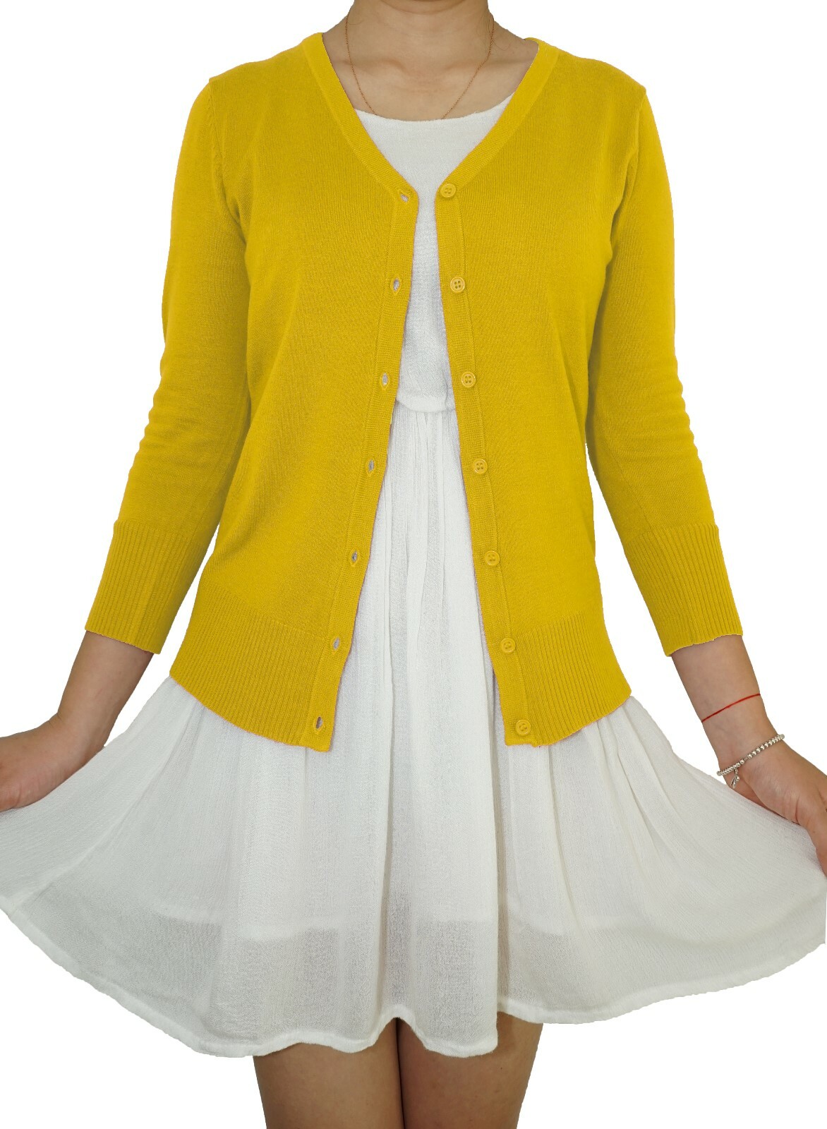 Women Fitted Cardigan V-Neck 3/4 Sleeve Vintage Soft Knit Basic & Plus Size USA