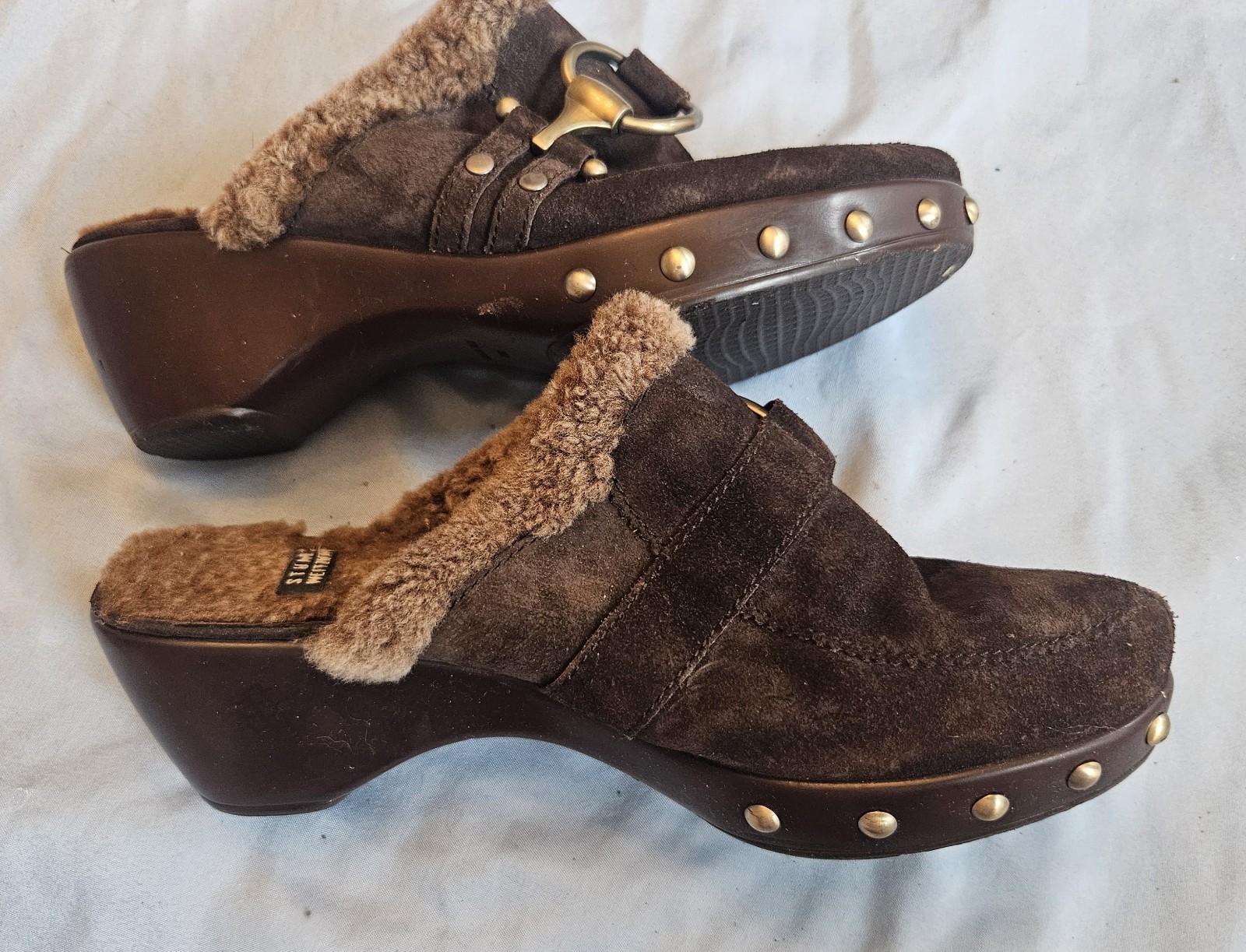 Stuart Weitzman Brown Suede Shearling Lined Mule Wedge Buckle Fur Trim 8M Y2K