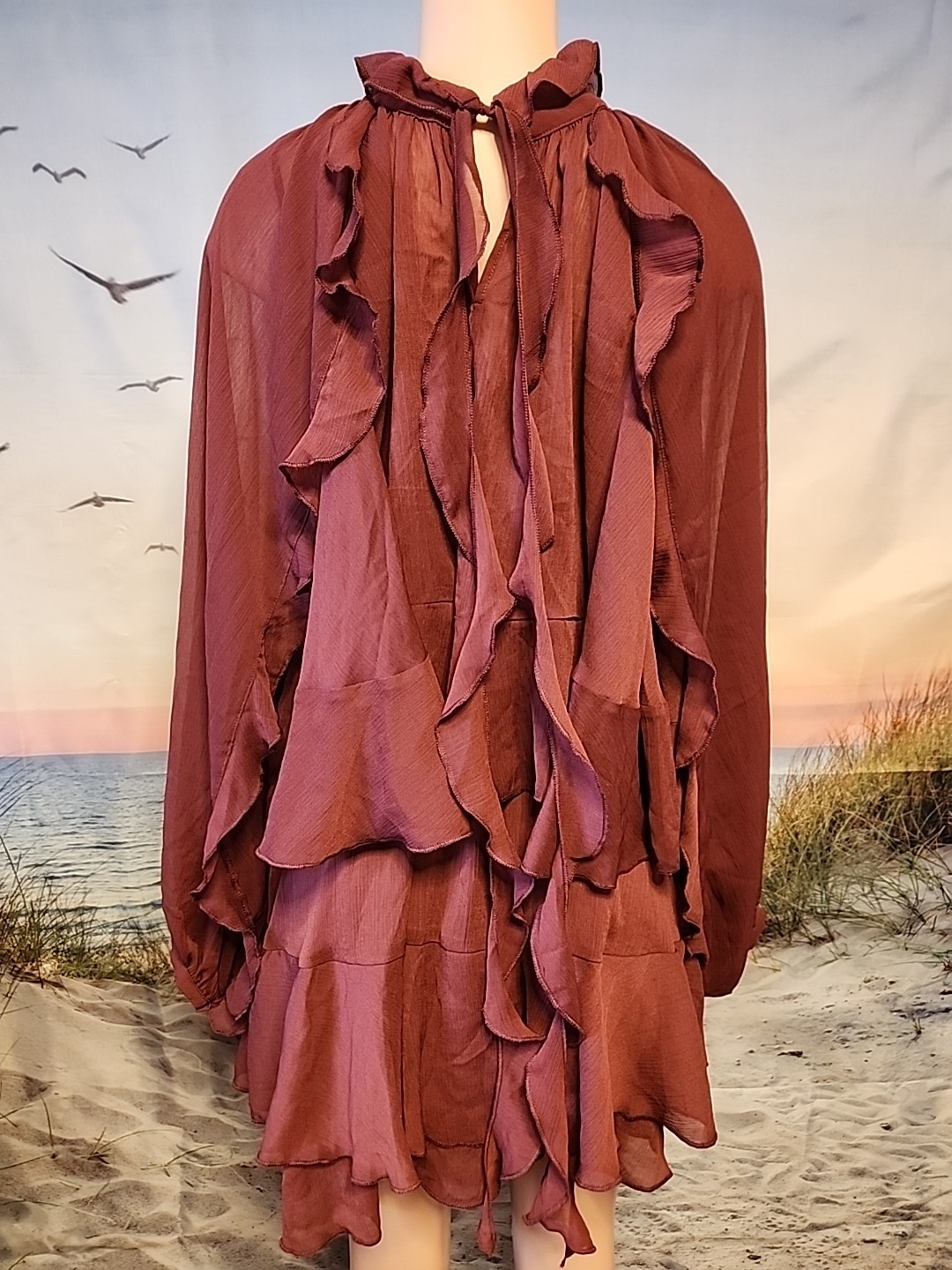new Commense Red Semi-Sheer Chiffon Ruffle Dress with Cape Overlay, Large