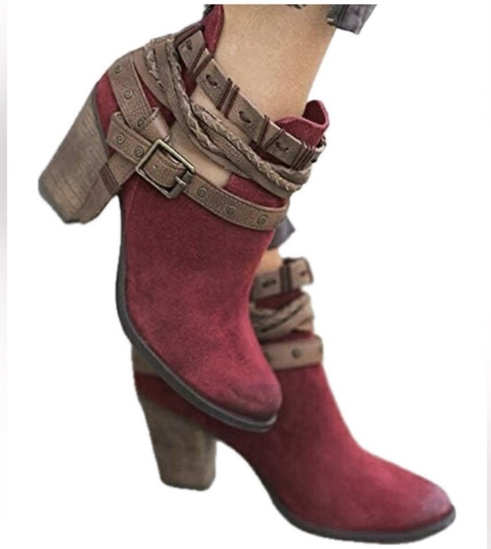 Naughty Monkey Red Suede Leather Ankle Bootie Round Toe Side Zip Womens 7.5