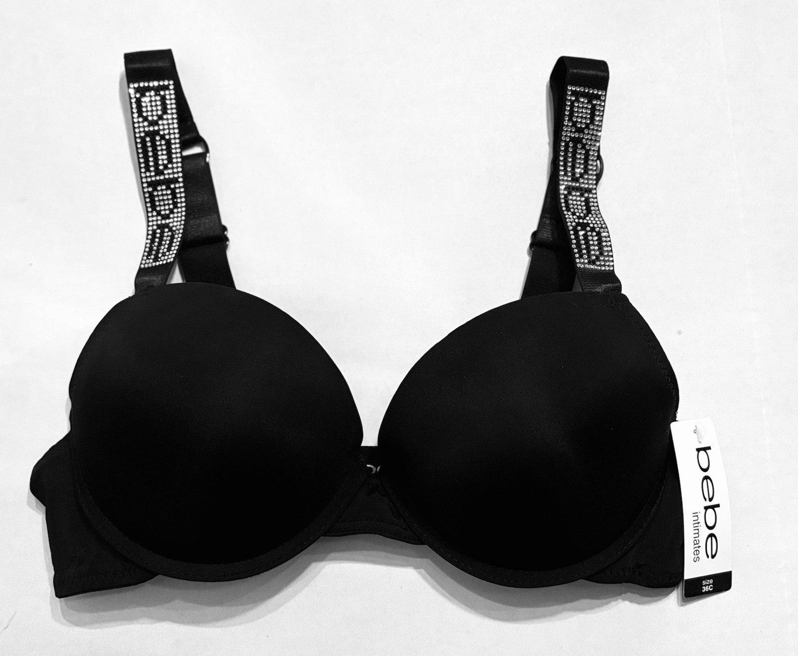 BEBE Push Bra with bebe shine rhinestone bling strap 34B,34C,36B,36C,38C,Black