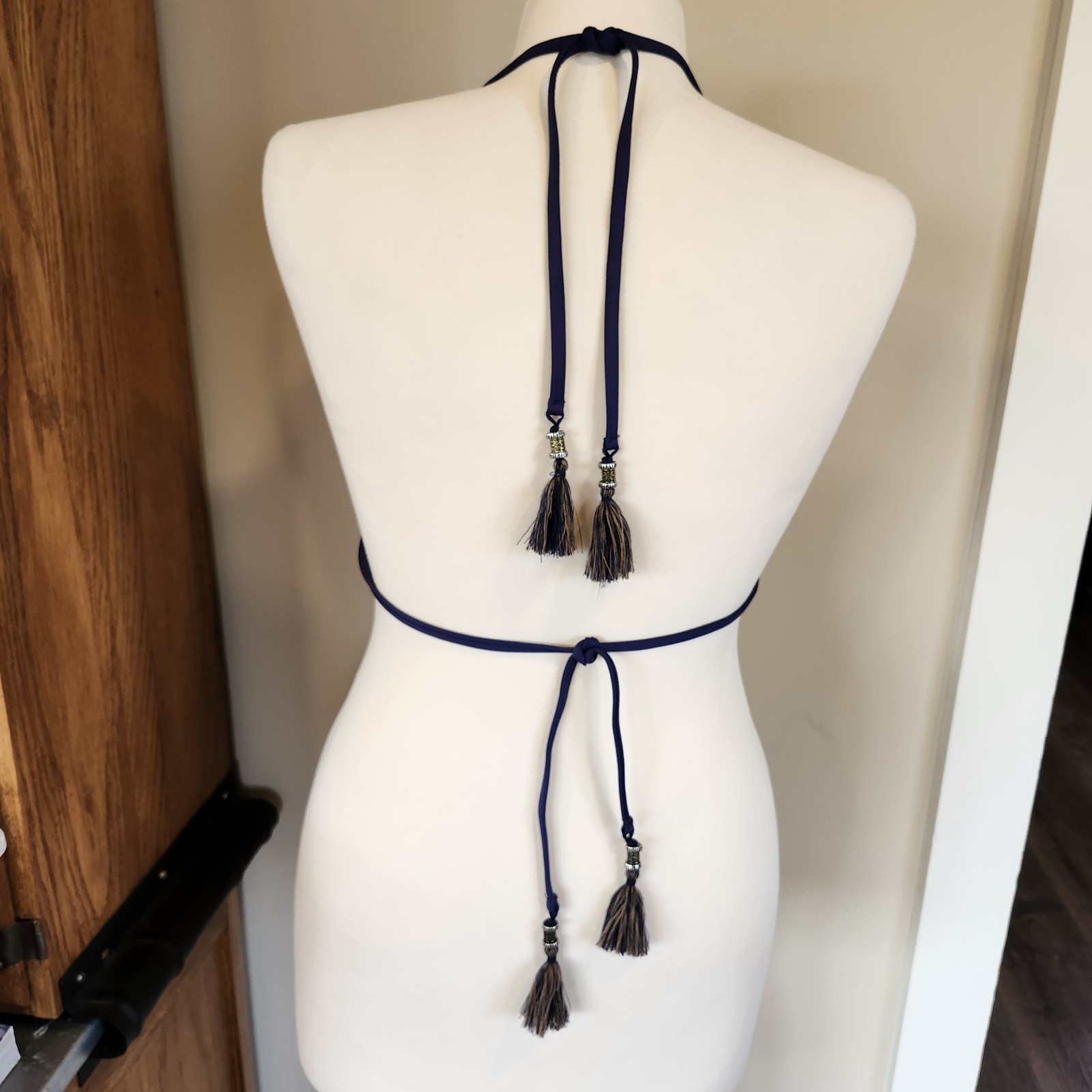 Becca Rebecca Virtue Crochet Triangle Tassels Bikini Top Navy Tan Size S/M EUC