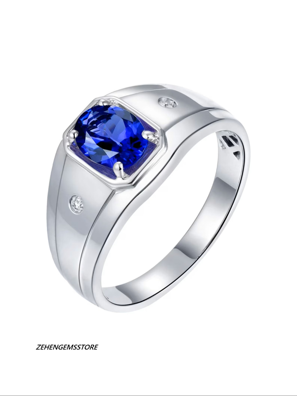 Men’s Blue Sapphire Ring 925 Sterling Silver Cushion Cut Lab Created Gemstone