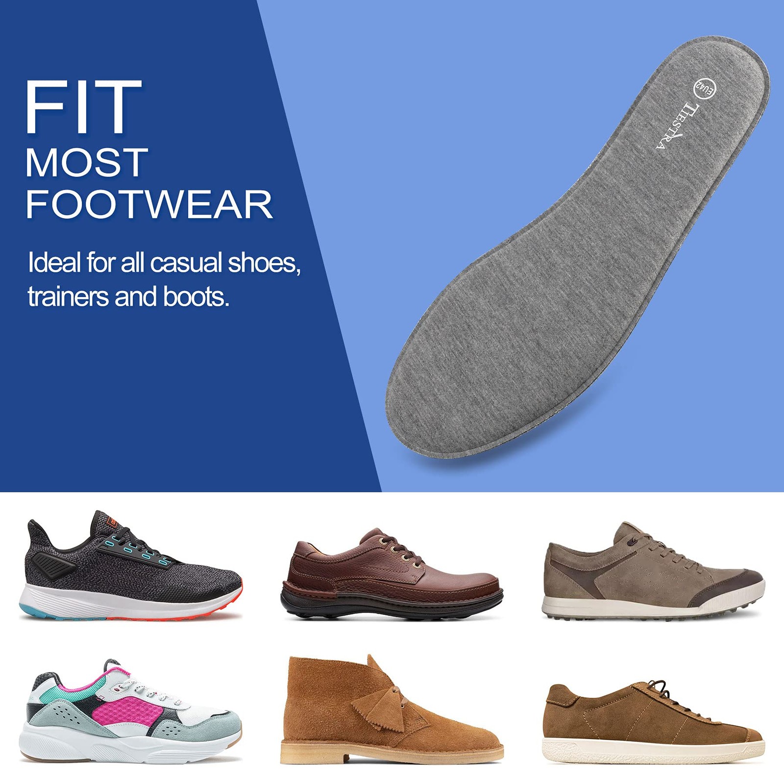 3 Pair Memory Foam Shoe Insoles for Work Boots & Running Shoes, Grey 43EU