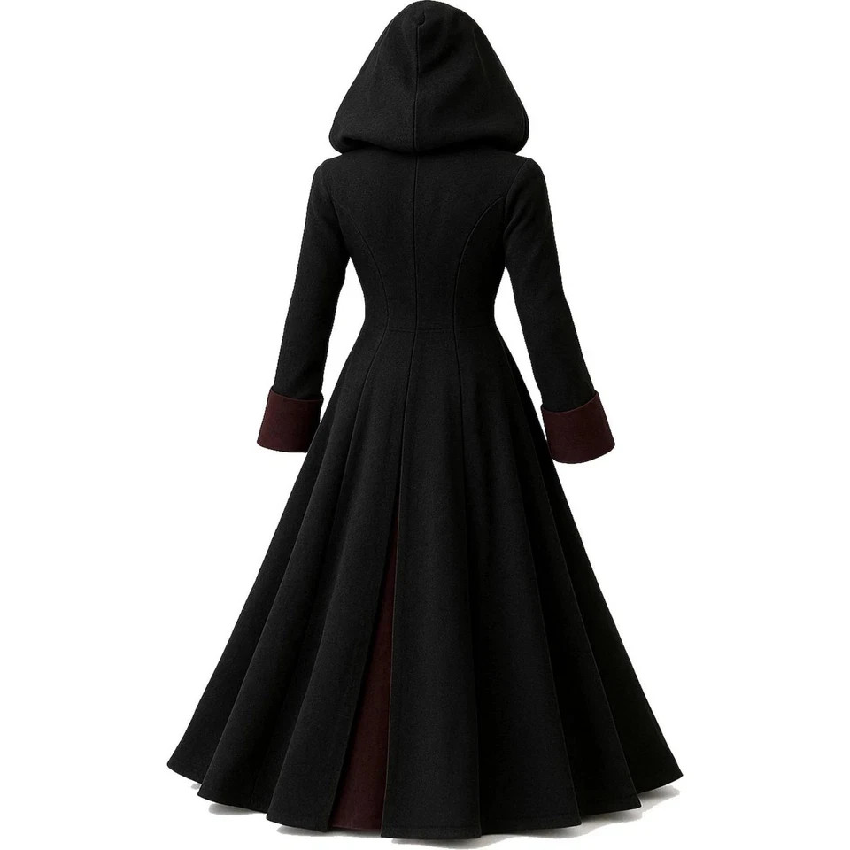 Women Gothic Wool Hooded Coat – Long Medieval Victorian Overcoat Unique Two-Tone
