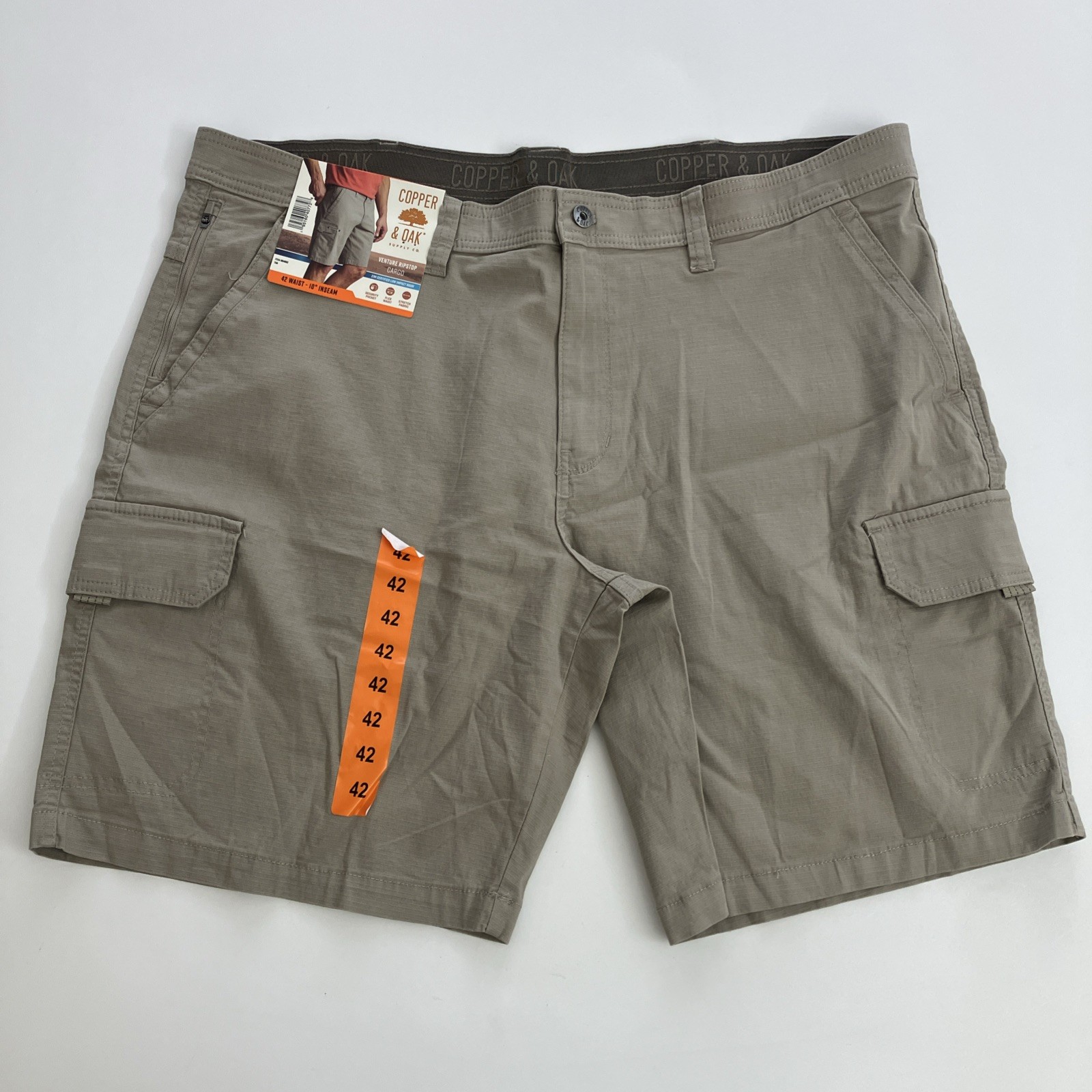 Copper and Oak Men Cargo Shorts Ripstop Security Pocket Flex Waist Tan 42