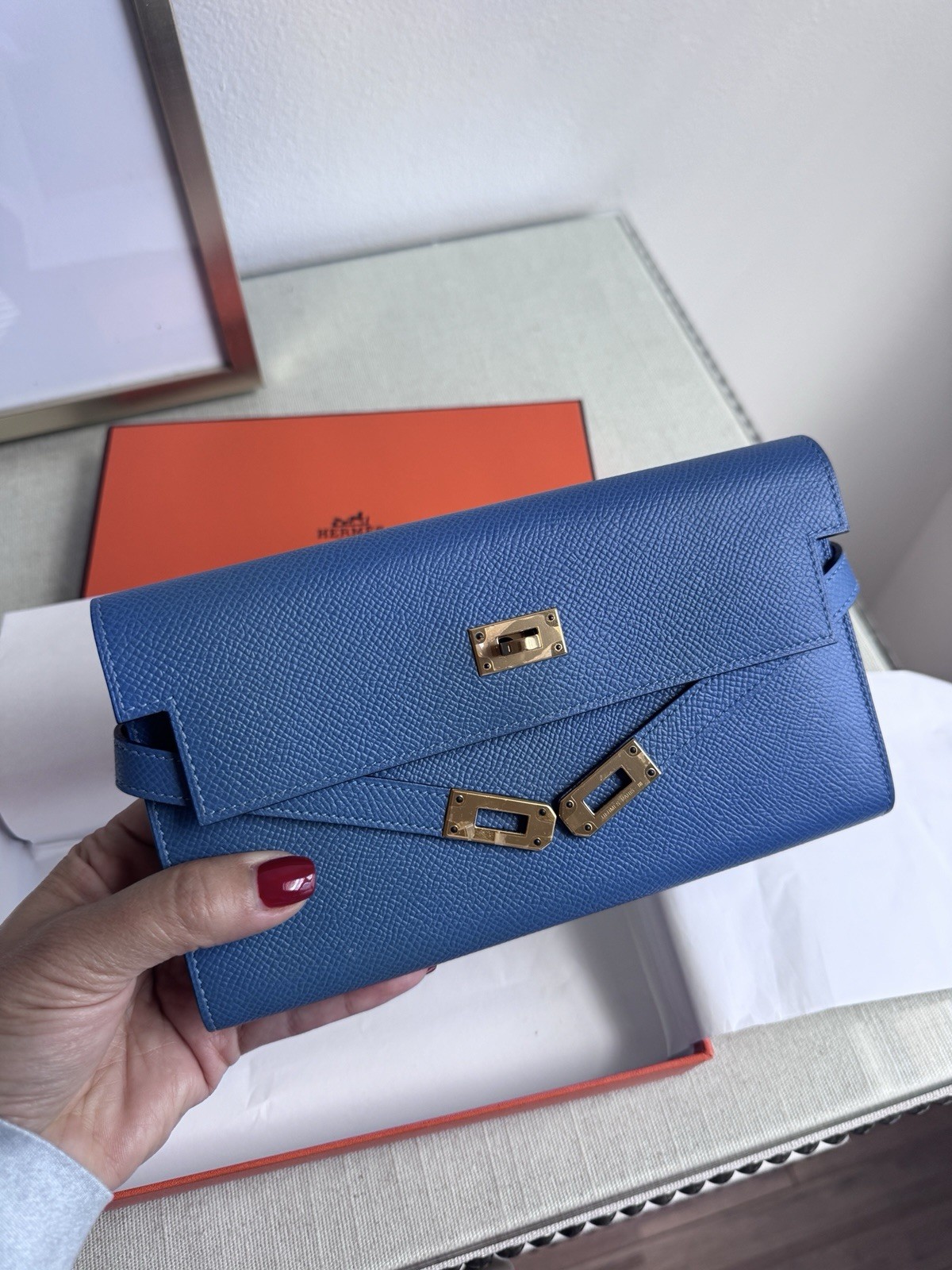 Authentic Hermes Kelly Wallet Blue Silver Hardware