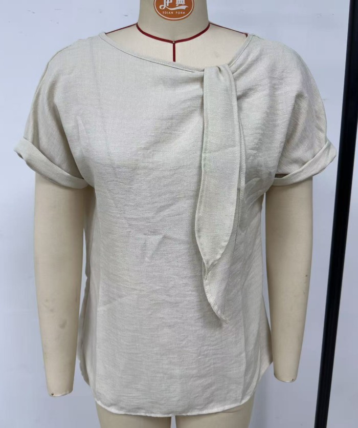 Women’s Bow Neck Short Sleeve Blouse Casual Solid T-Shirt