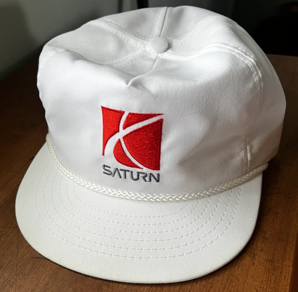 Vintage Saturn Hat Cap Snap Back White Mesh Trucker Advertising Mens 90s