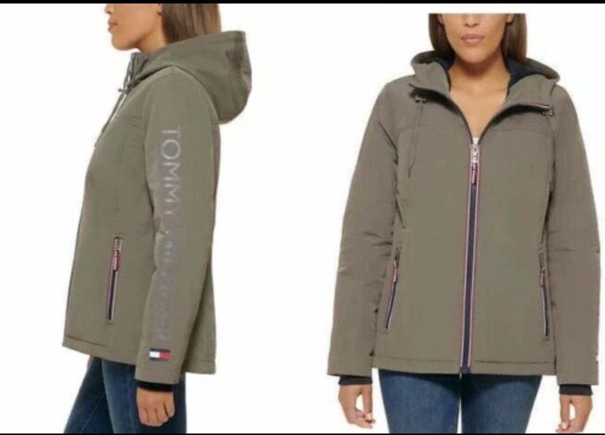 Tommy Hilfiger Ladies’ Lined Jacket Grey Size XL Logo Hooded Winter Coat