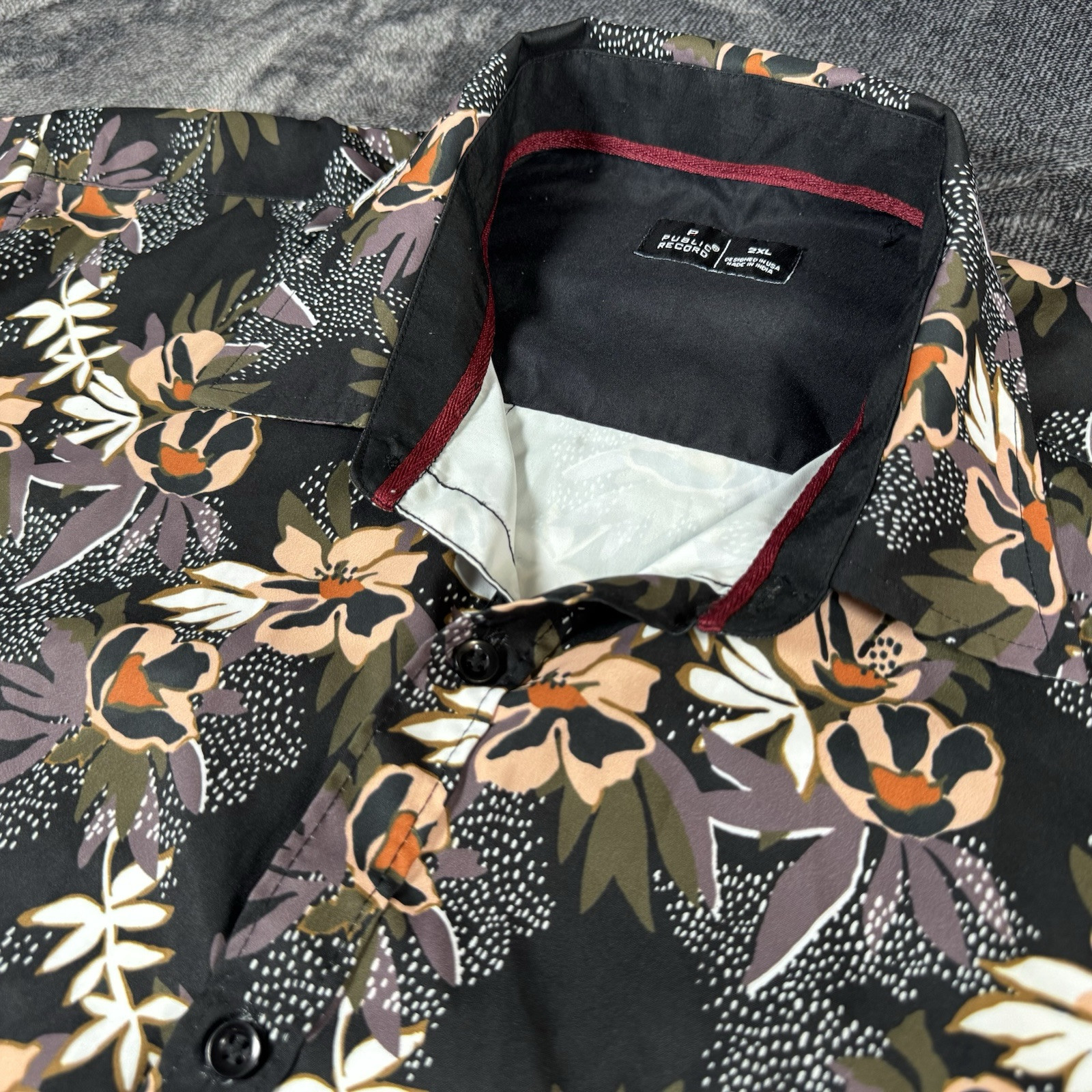 Public Record shirt Mens 2XL black colorful Floral all over print button up