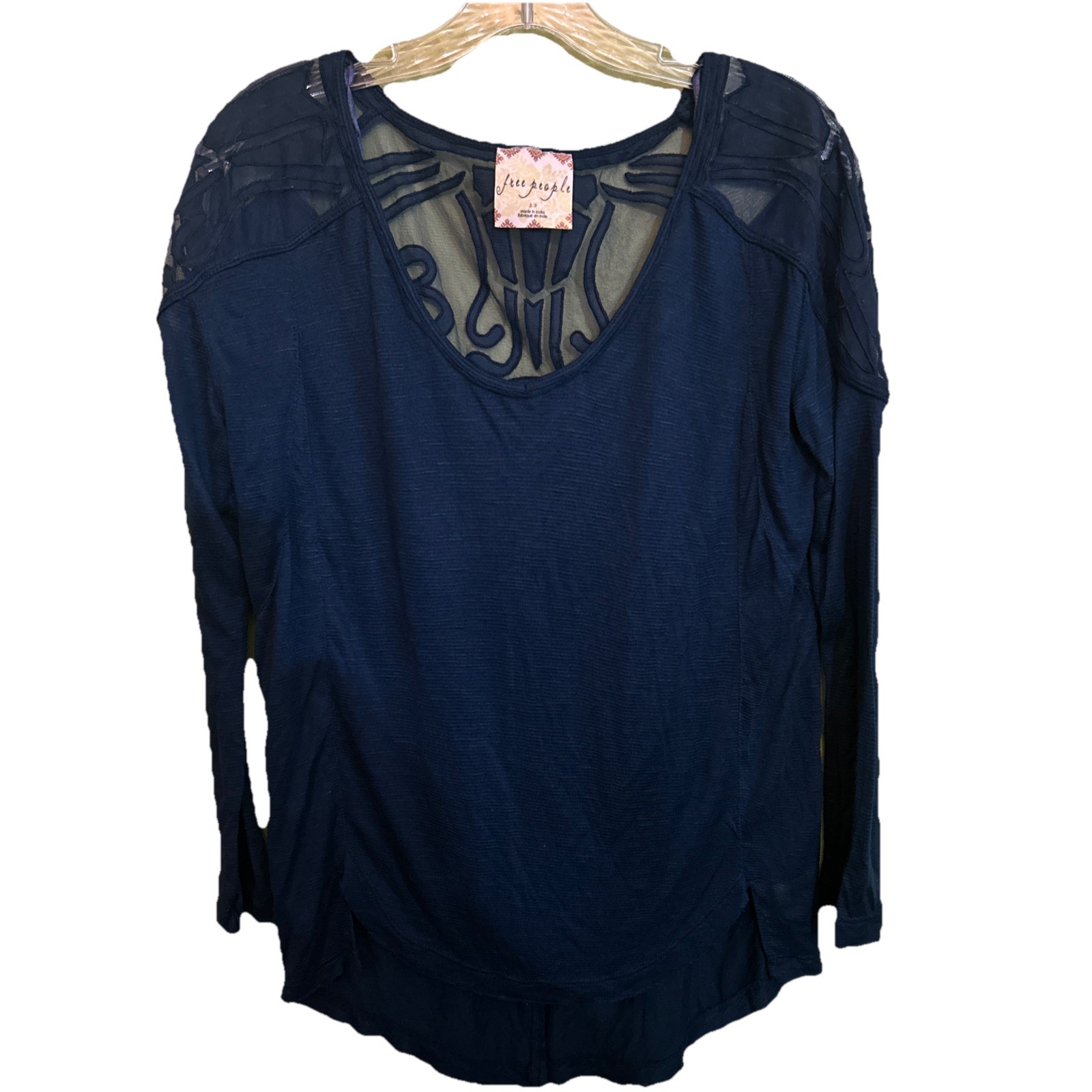 Free People Blue top size Small Semi Sheer Boho Festival Navy Blouse