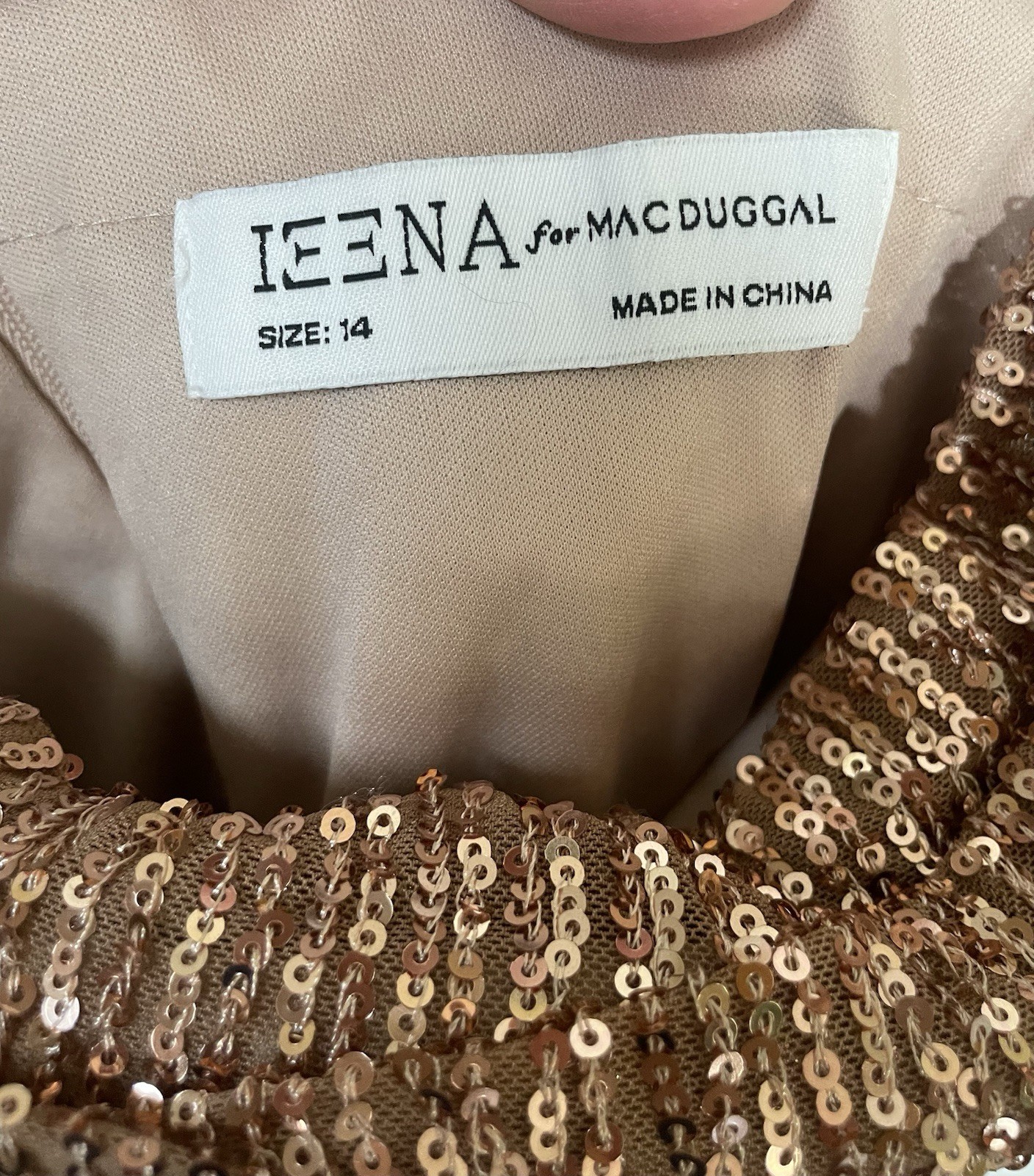 Ieena By Mac Duggal Dress Gown Size 14 Drop Shoulder Sequin New NWT Rose Gold