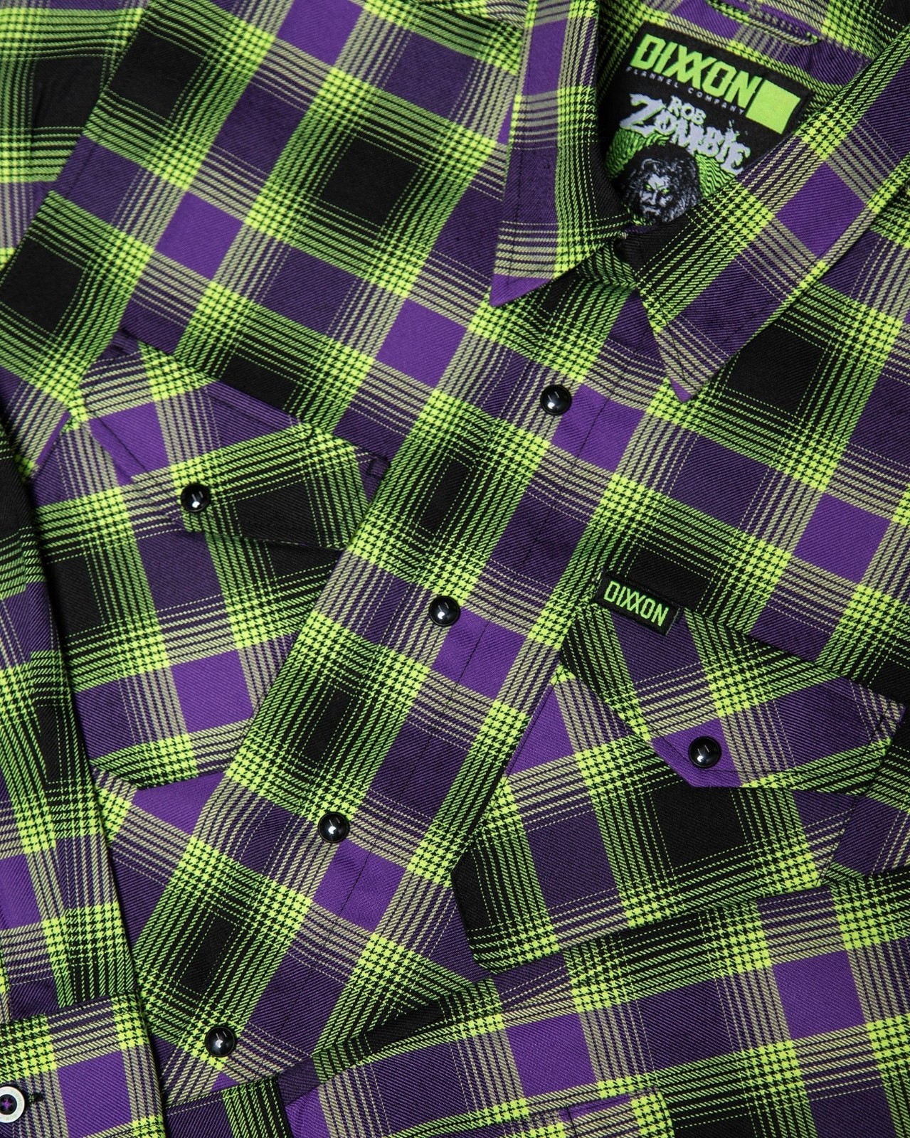 DIXXON Flannel “Rob Zombie” Men’s XL Neon Green & Purple Plaid Snap Band Shirt