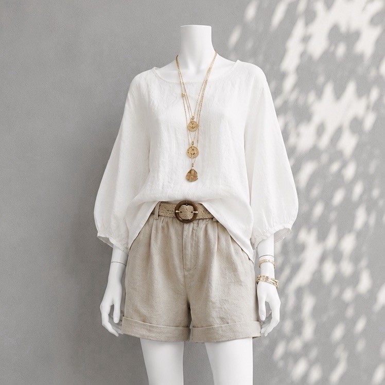 Bryn Walker Linen Top L Cara Ivory Boxy Tie Waist Lagenlook Minimalist Blouse