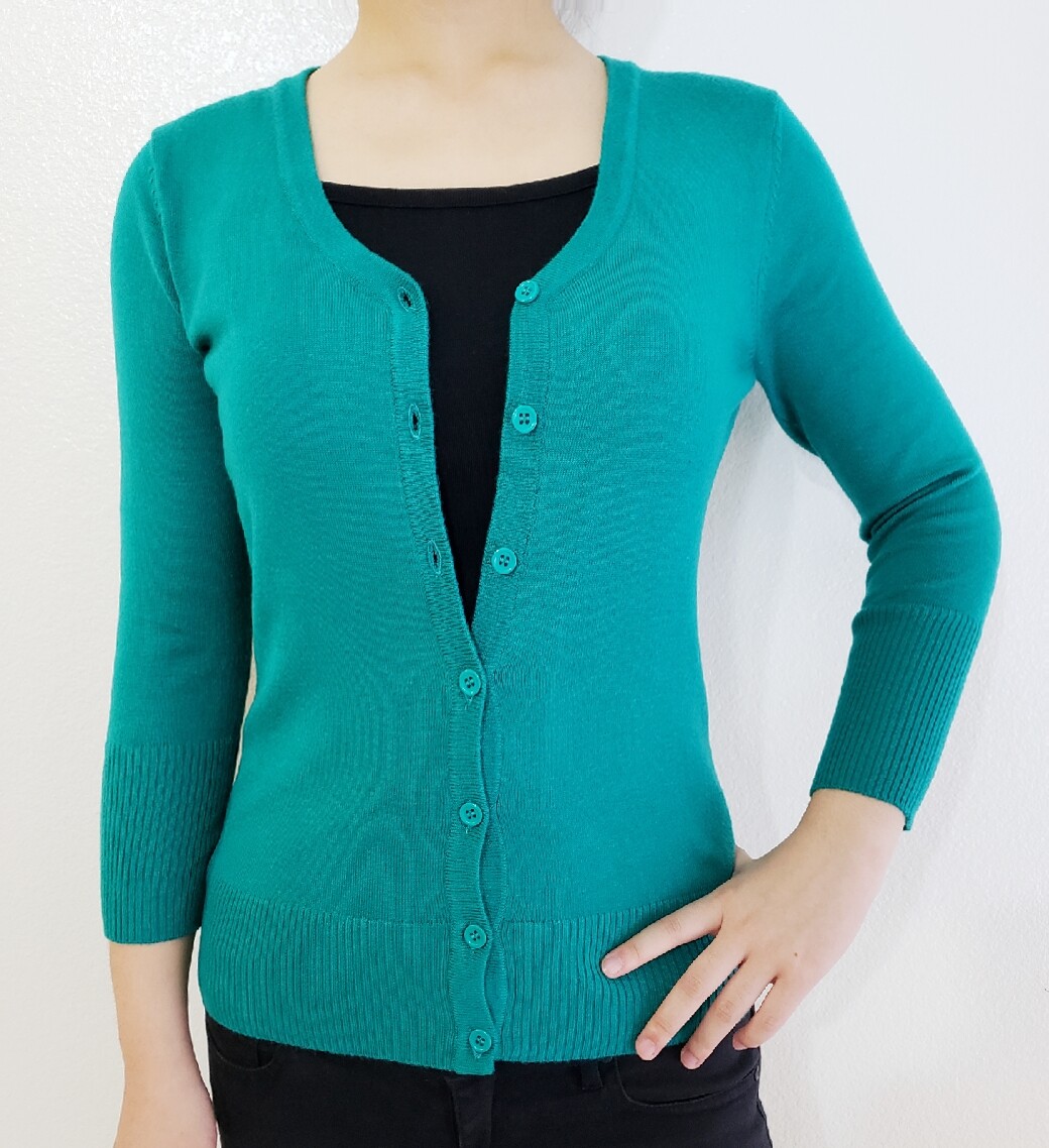 Women Fitted Cardigan V-Neck 3/4 Sleeve Vintage Soft Knit Basic & Plus Size USA