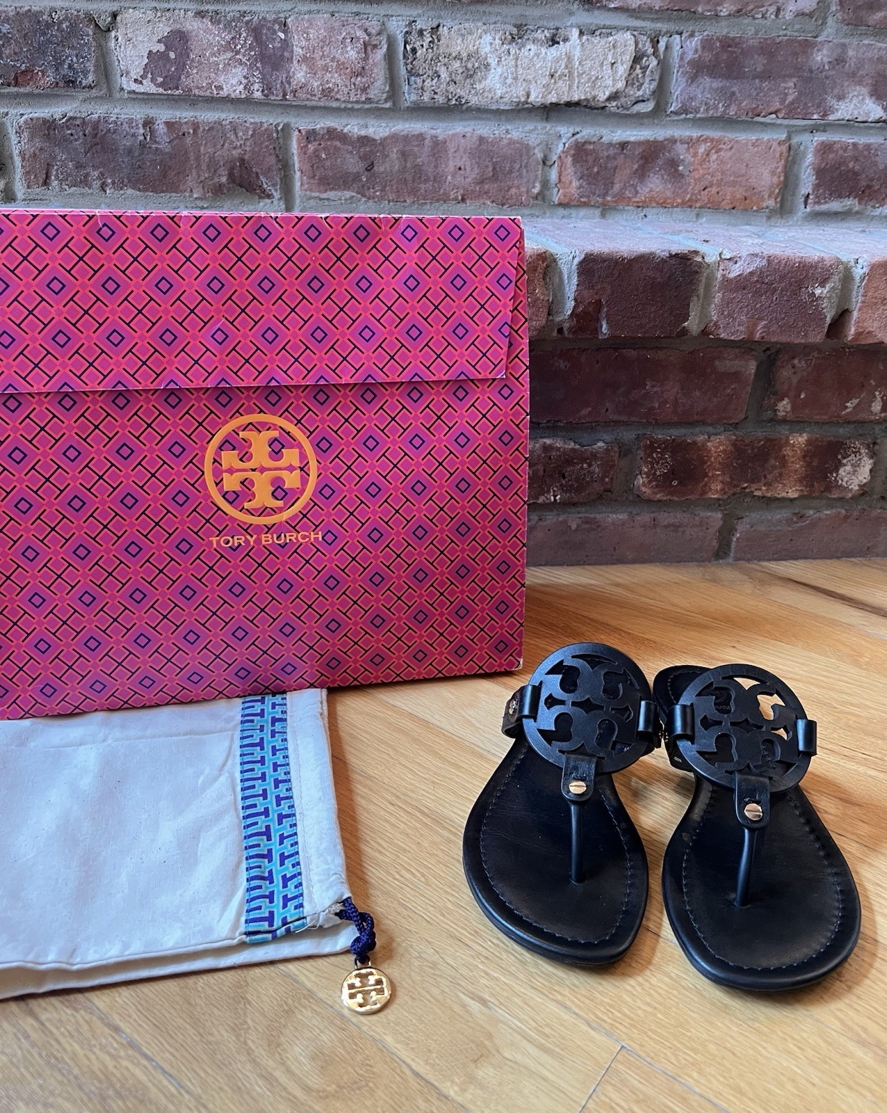 Tory Burch Perfect Black Leather Miller Sandals & Dust Bag