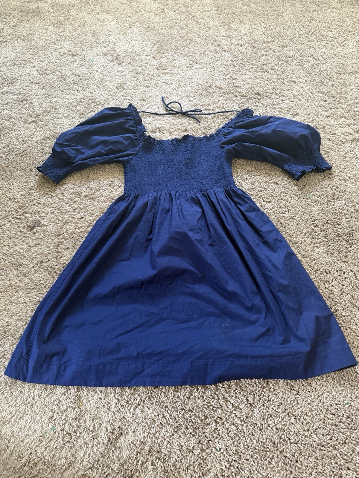 Hill House Home Nap Dress Blue Smocked Puff Short Sleeve Off-Shoulder XXS