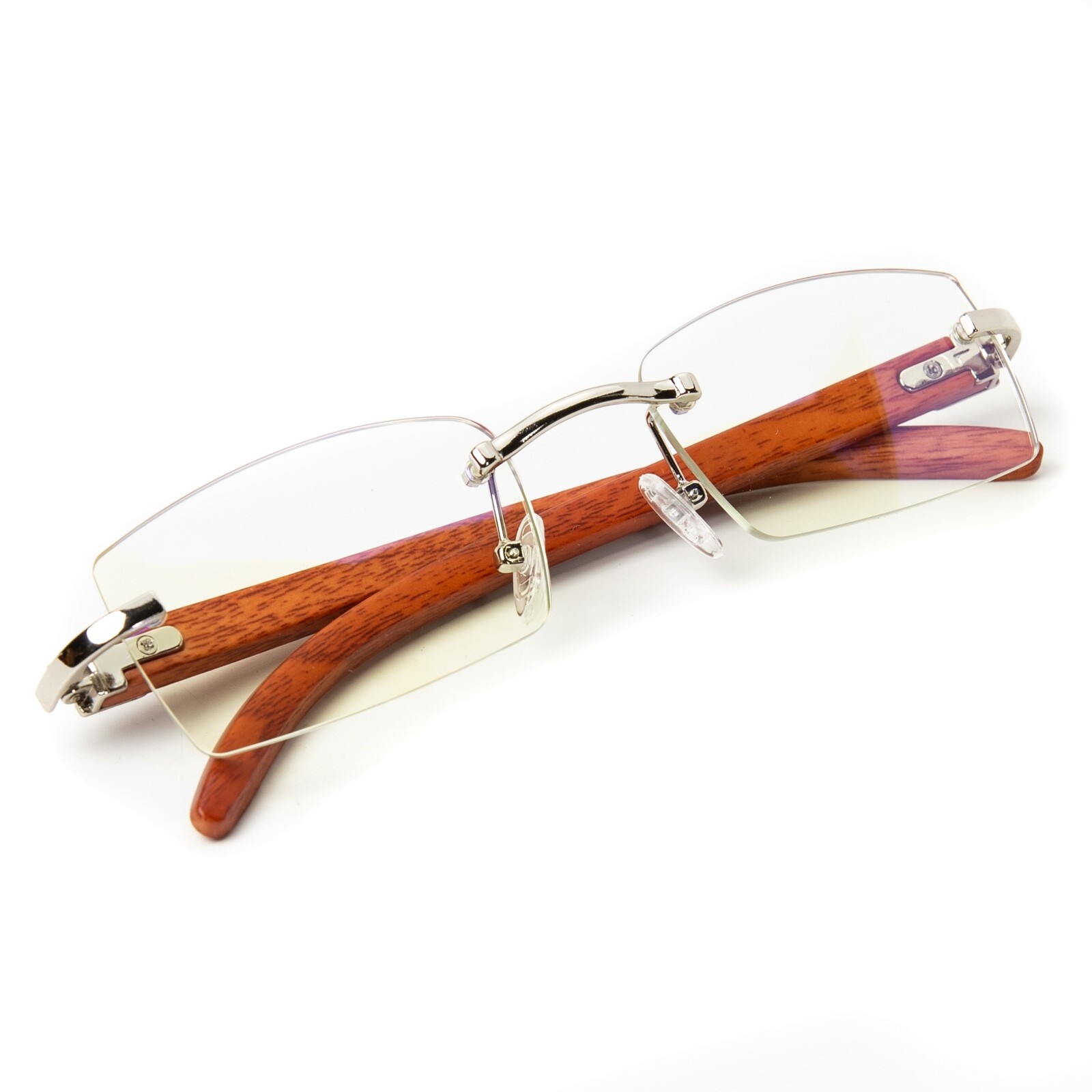 Mens Clear Rimless Woodgrain Silver Designer Frame Retro Vintage Hip Hop Glasses